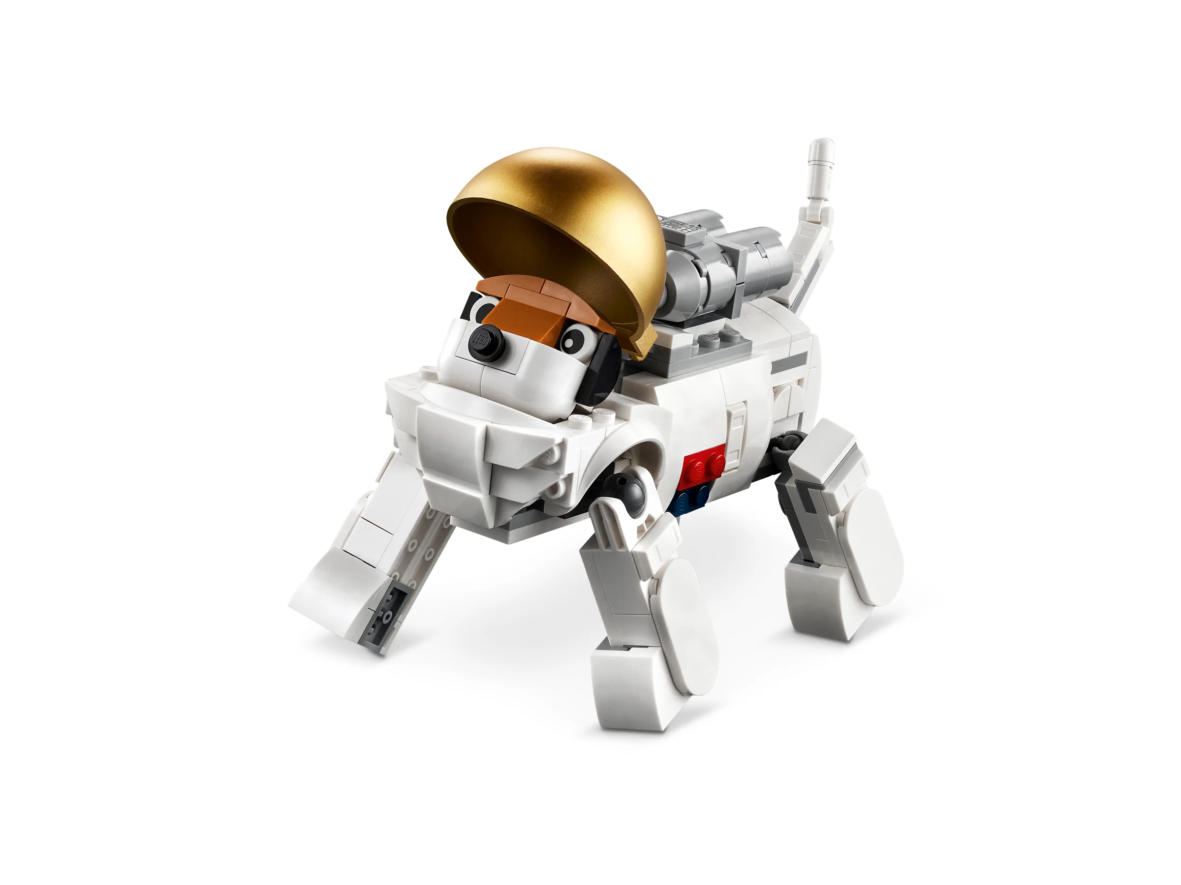 Astronaut câine LEGO Creator, cu cască aurie, pe fundal alb.