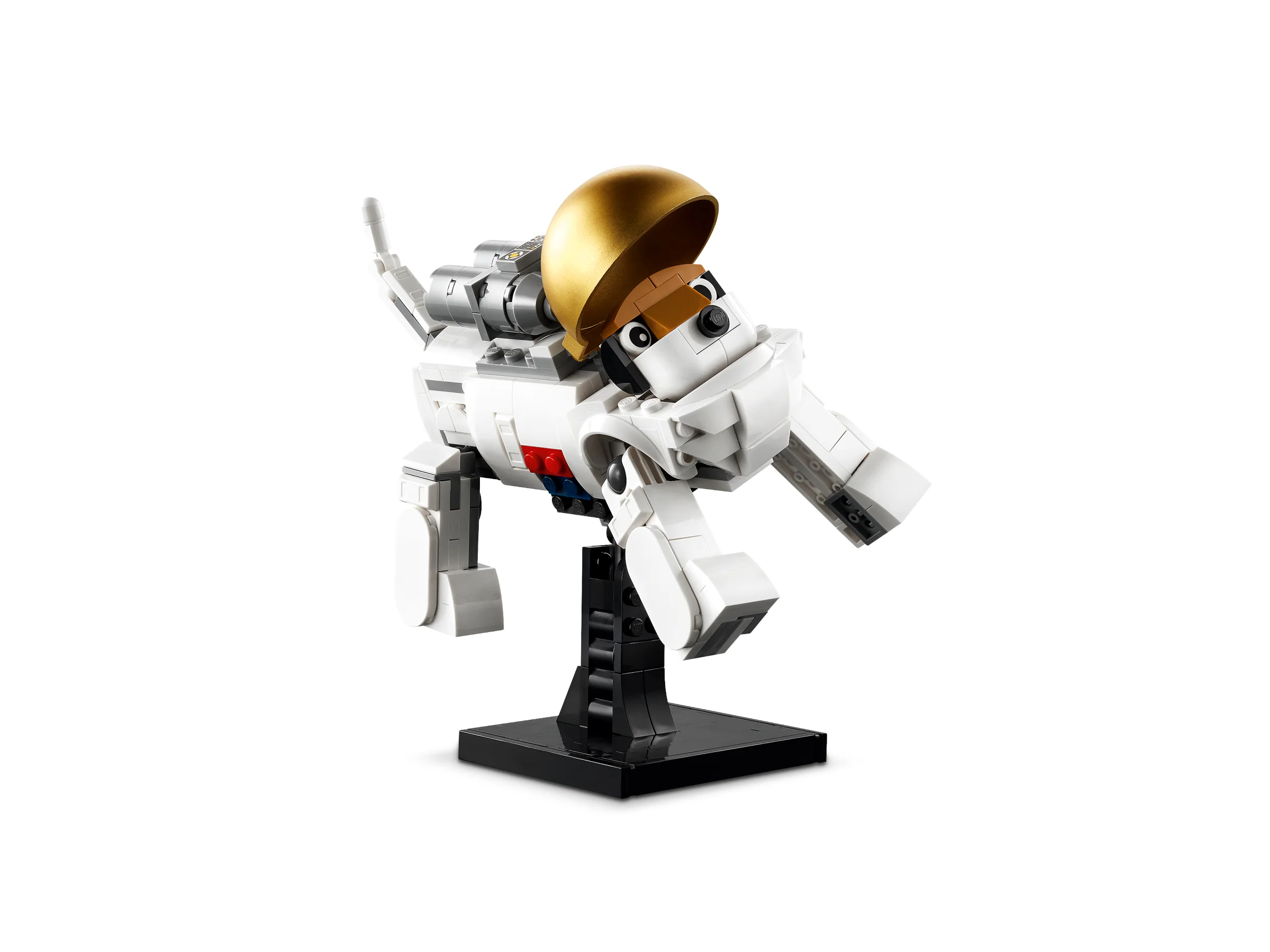 Cățel astronaut LEGO simpatic, cu cască aurie și rachetă. Adorabil!