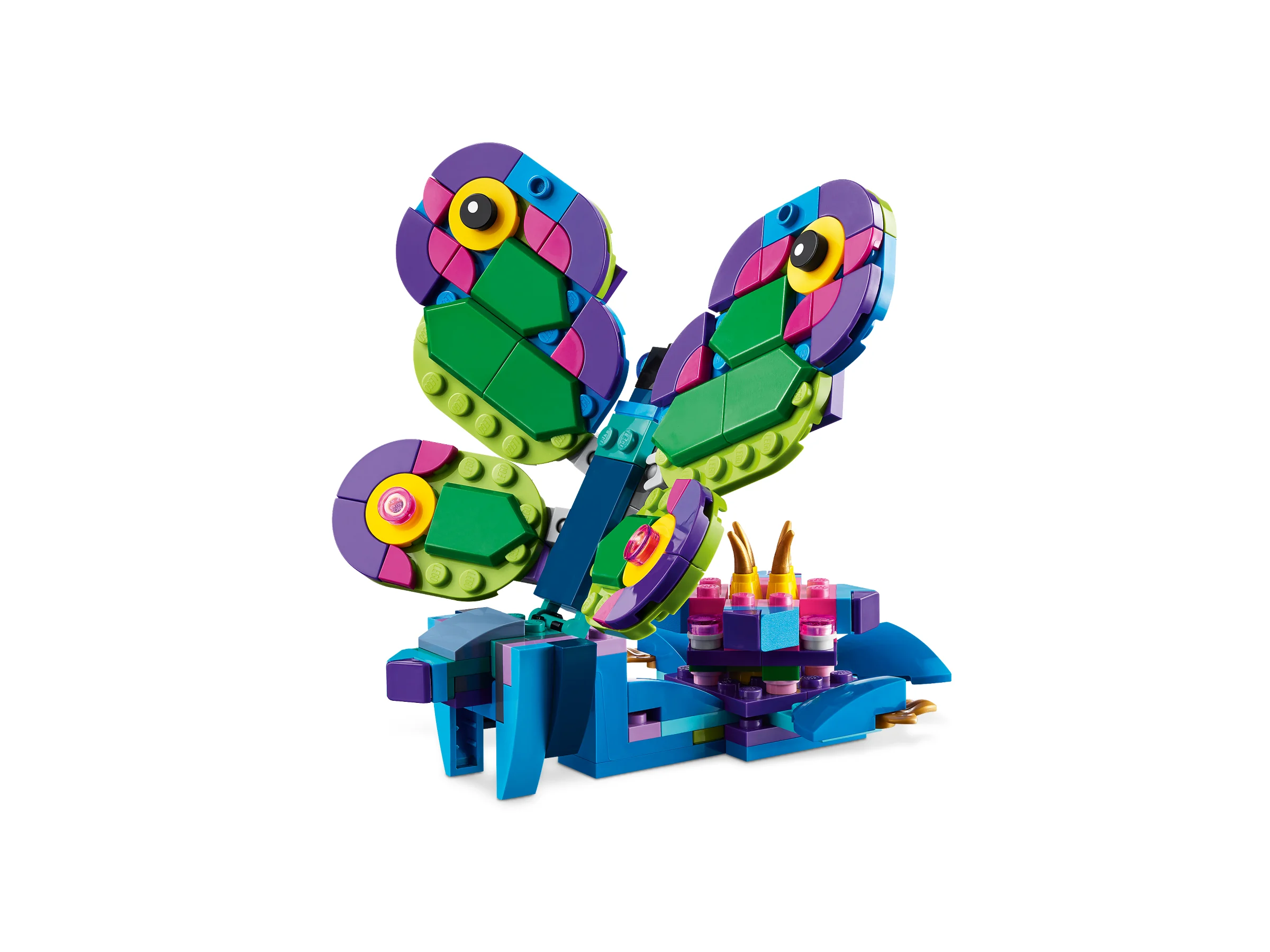 Model detaliat al păunului exotic LEGO Creator 31157, cu penajul său colorat.
