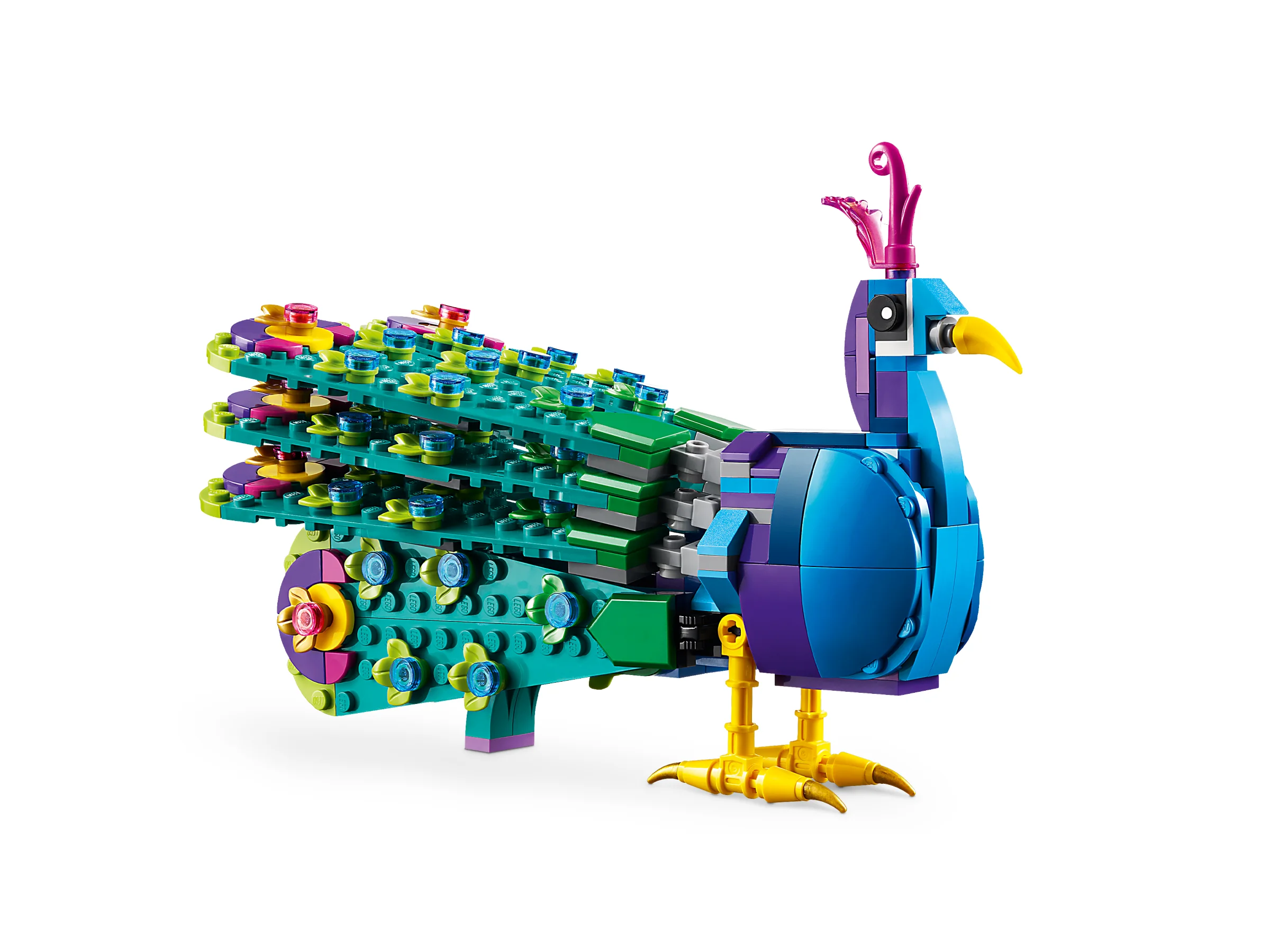Imagine cu modelul LEGO Creator 31157, un păun exotic viu colorat.
