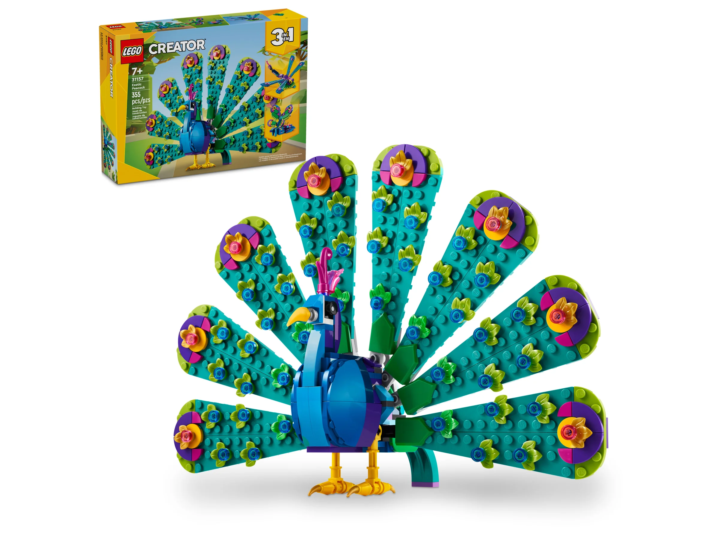 Imagine cu setul LEGO Creator 31157, un păun exotic colorat și cutia setului. Detaliile construcției sunt vizibile.