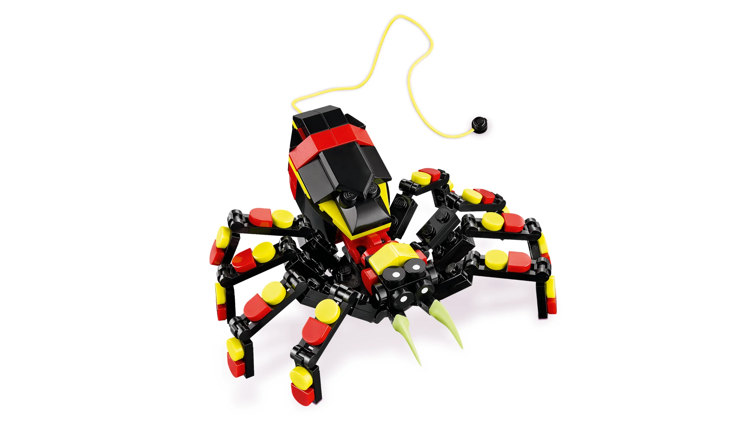 O imagine a păianjenului LEGO Creator 31159, detaliat și colorat (negru, roșu, galben).