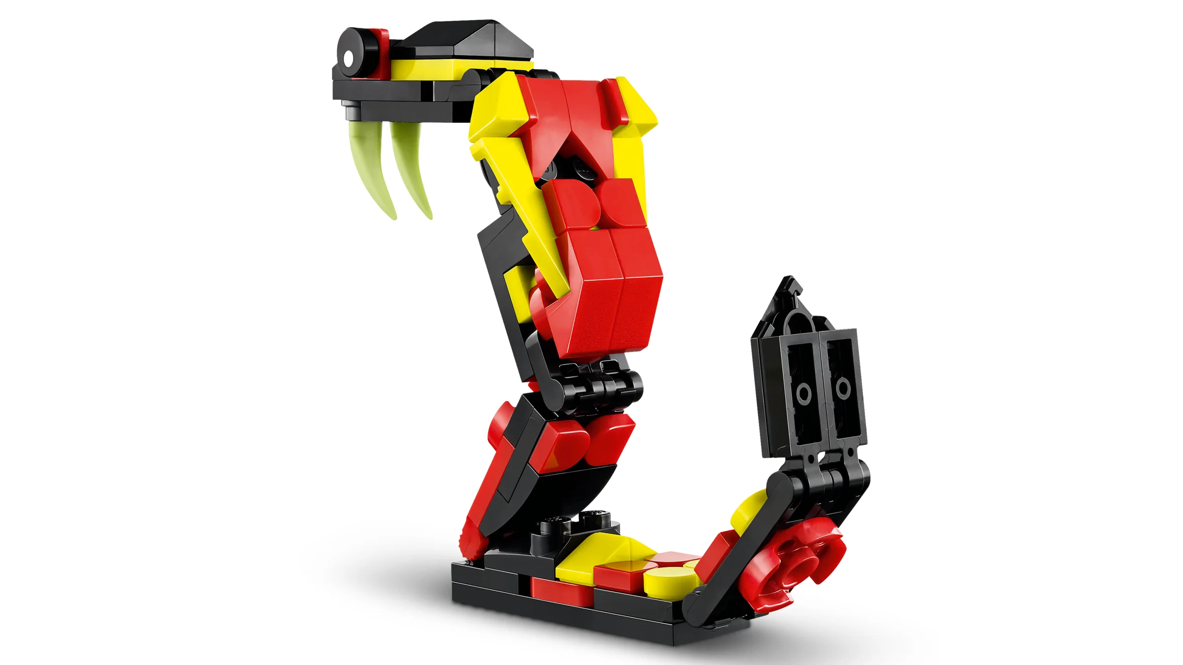 Imagine cu șarpele LEGO Surprising Spider (31159), culori vii: roșu, galben, negru. Detalii ale construcției.