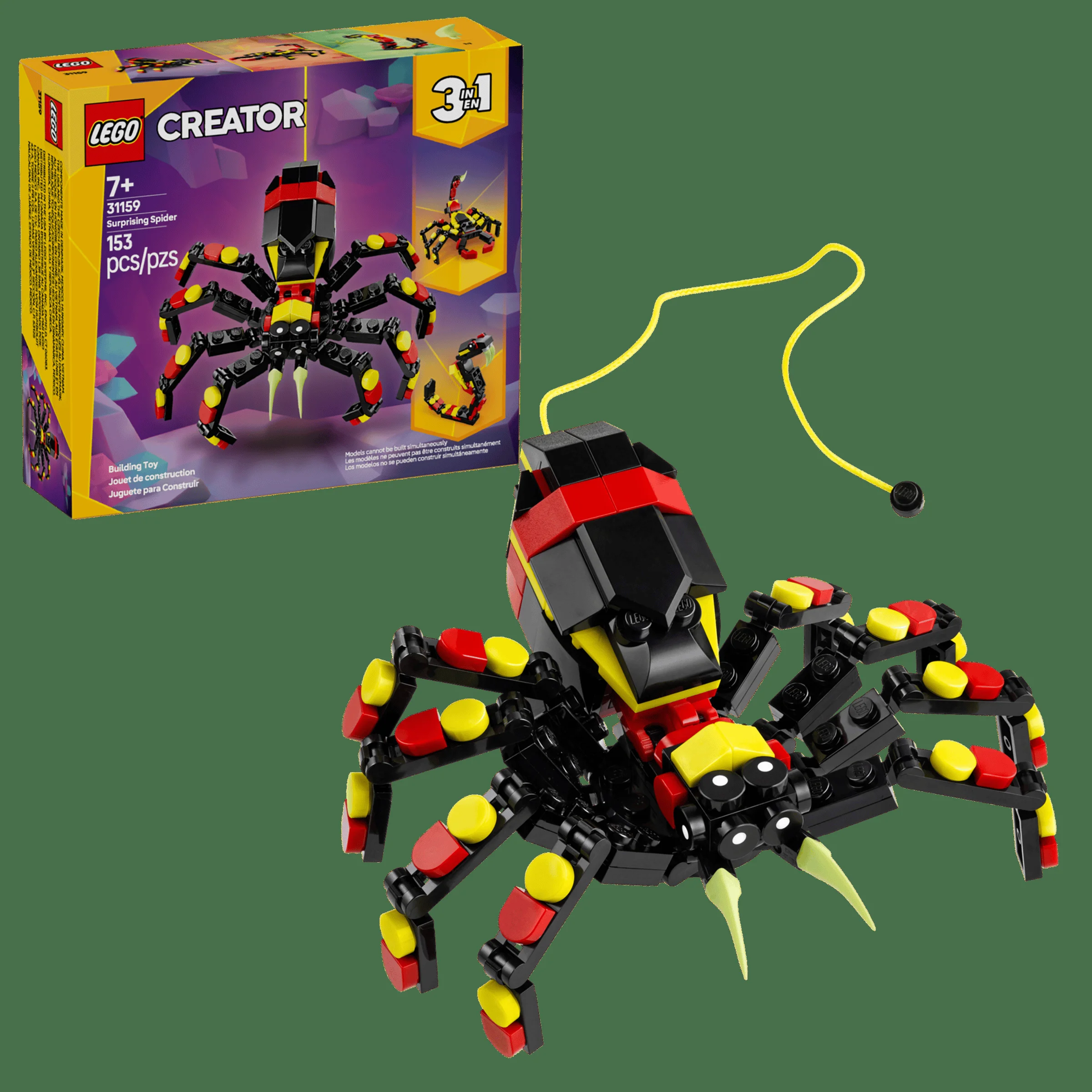 Imagine cu setul LEGO Creator 31159, „Păianjen Surprinzător”, prezentând cutia și modelul asamblat.