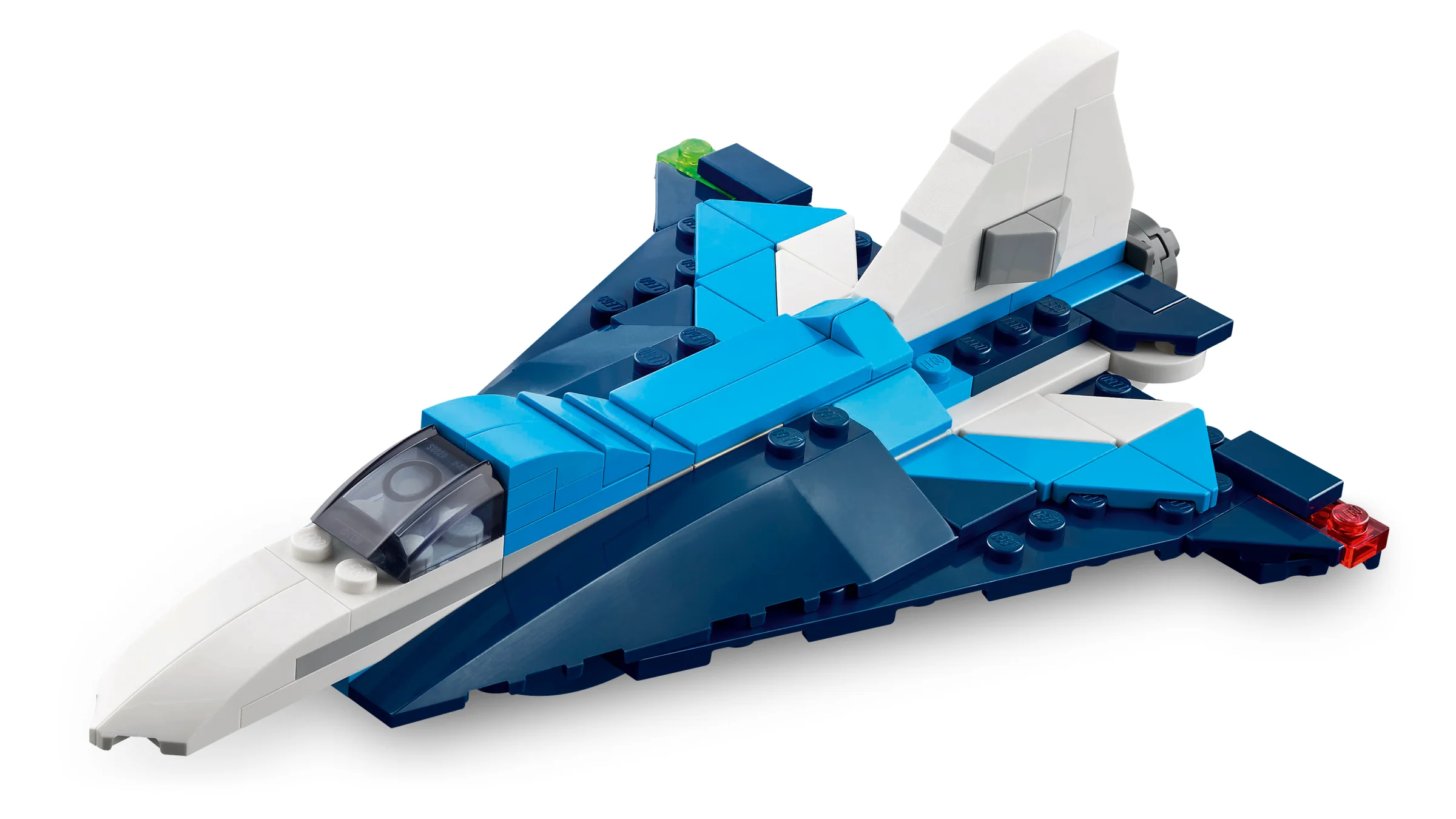 Avionul de curse LEGO Creator 31160, alb, albastru și bleumarin, văzut de sus.