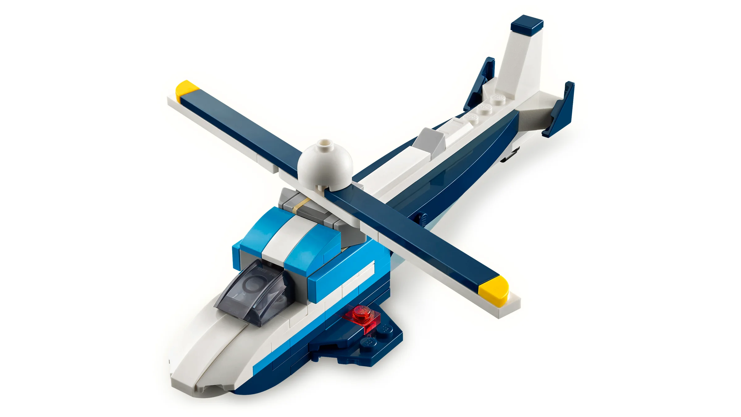 Modelul unui avion de curse albastru și alb, construit din piese LEGO.