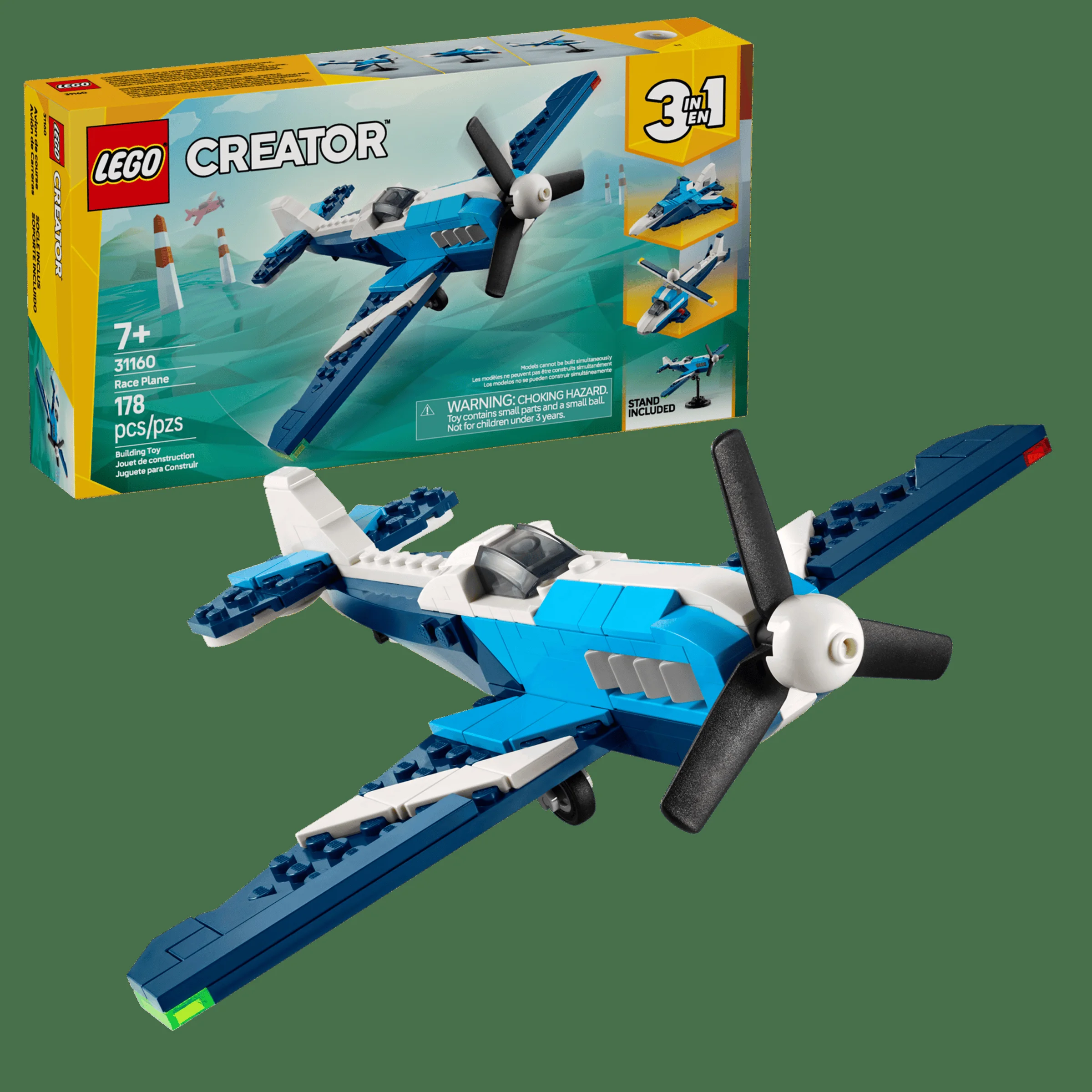 Imagine cu setul LEGO Creator 31160 Avion de curse și cutia acestuia. Setul e albastru și alb.