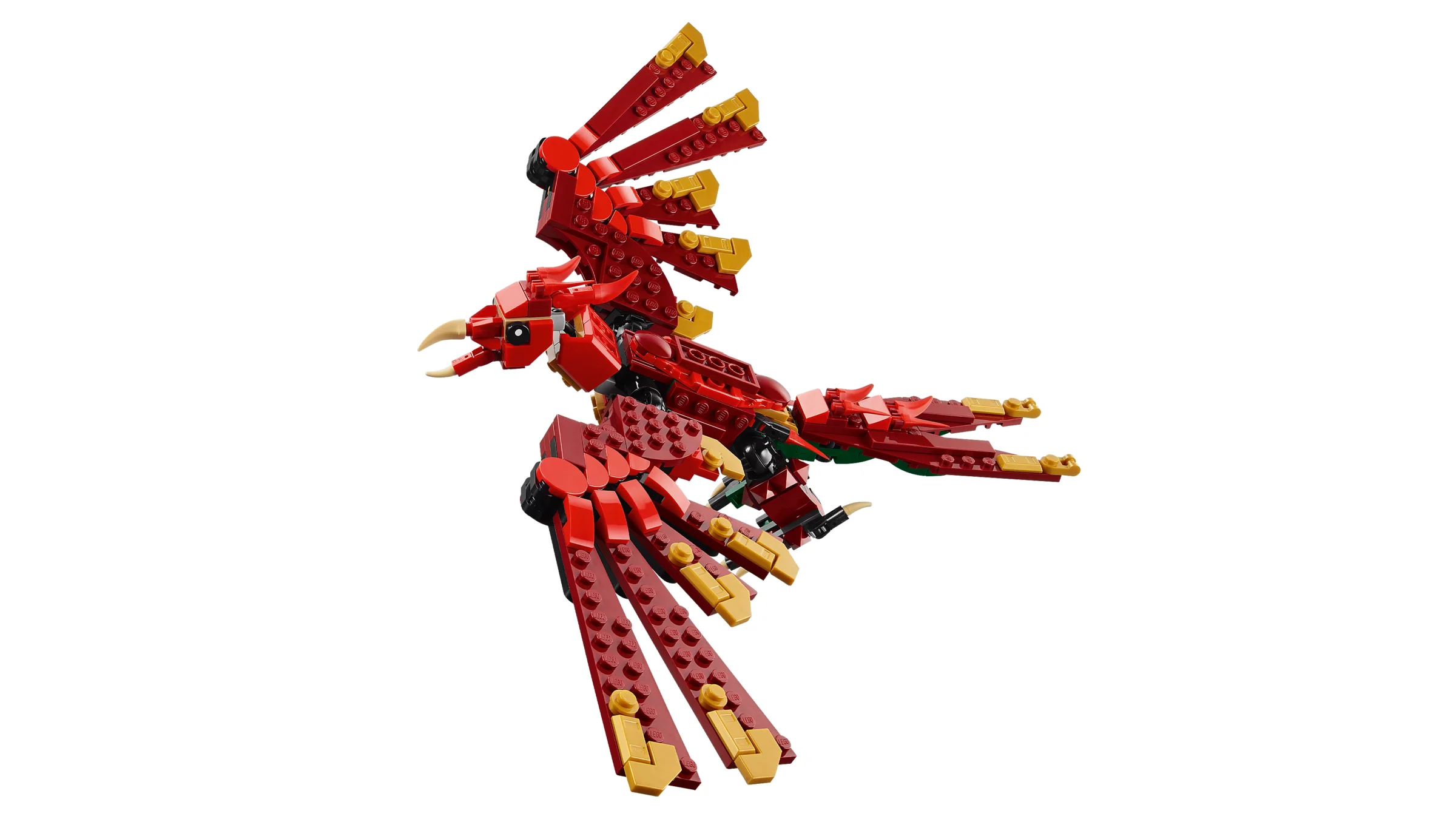 Dragon medieval LEGO roșu și auriu, în zbor, cu detalii elaborate. O jucărie complexă și captivantă.