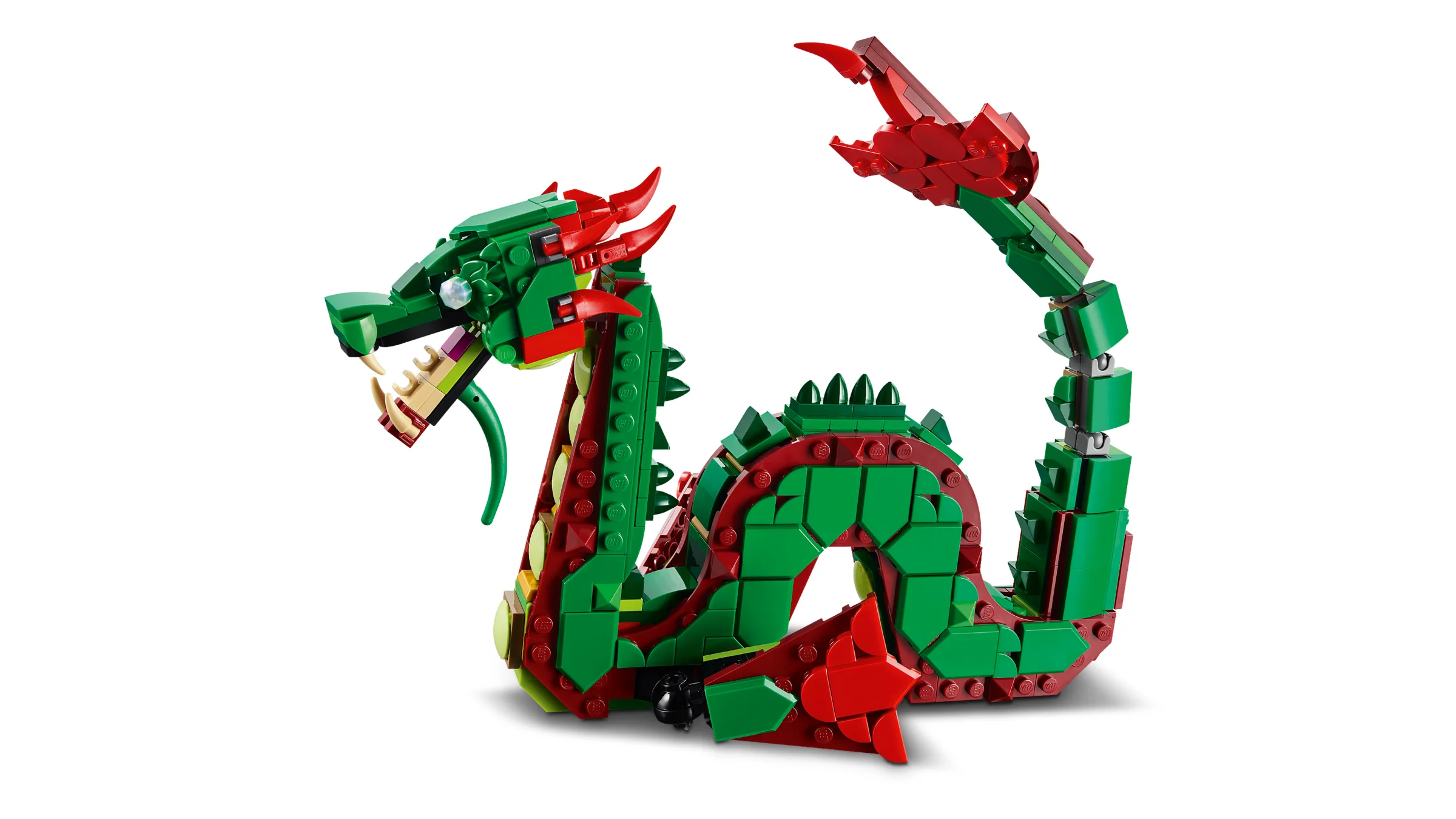 Dragonul medieval verde și roșu, cu coadă flexibilă, din setul 31161 Creator.
