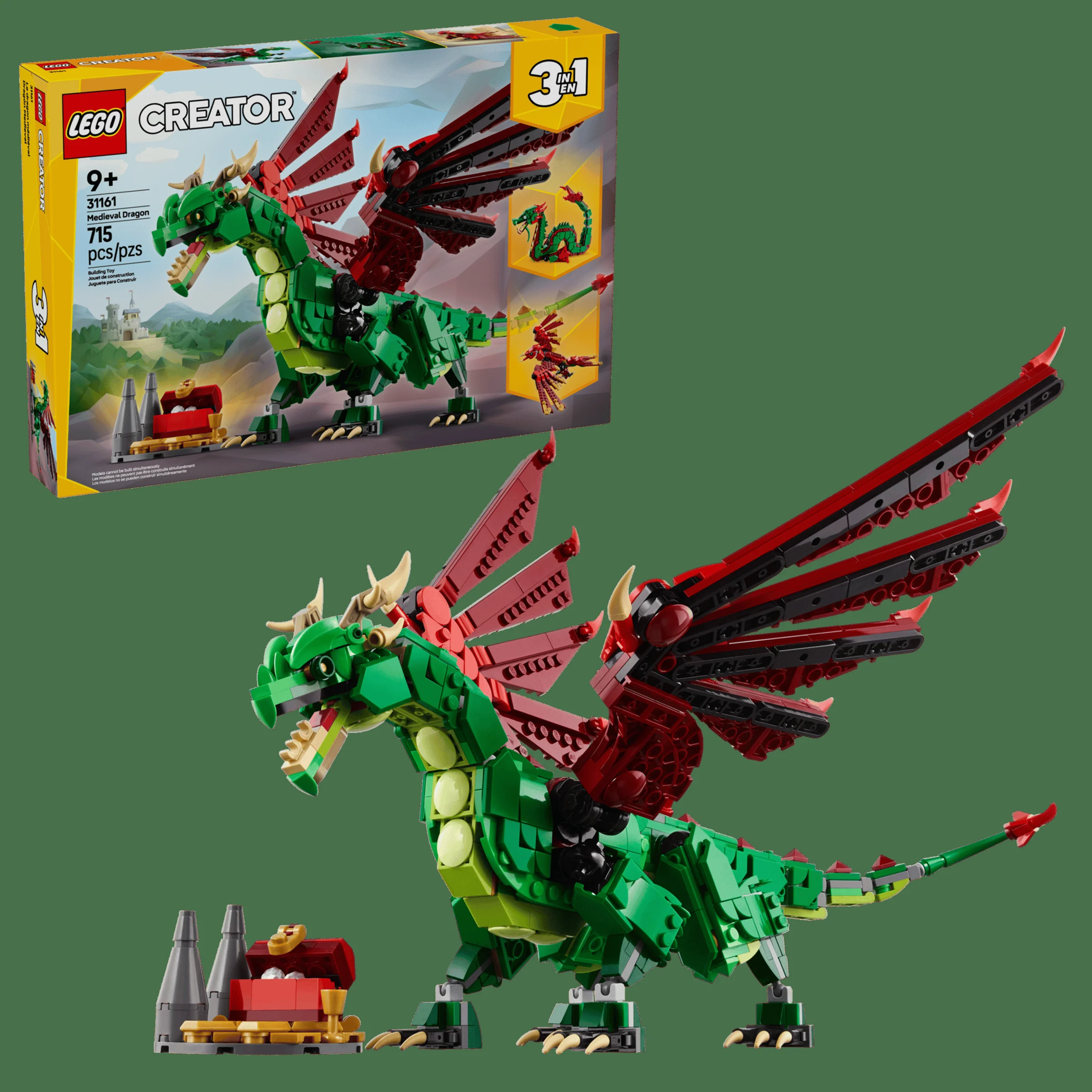 Imagine cu dragonul medieval LEGO 31161, verde și roșu, și cutia setului. Detaliile sunt bine vizibile.