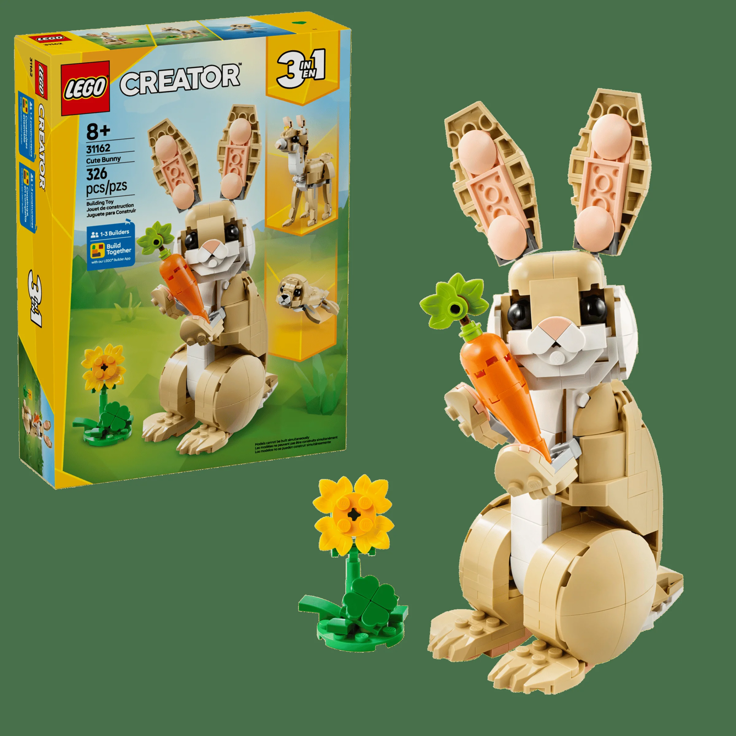 Imagine cu iepurașul LEGO Creator 31162 și cutia setului. Un cadou ideal pentru iubitorii de animale.
