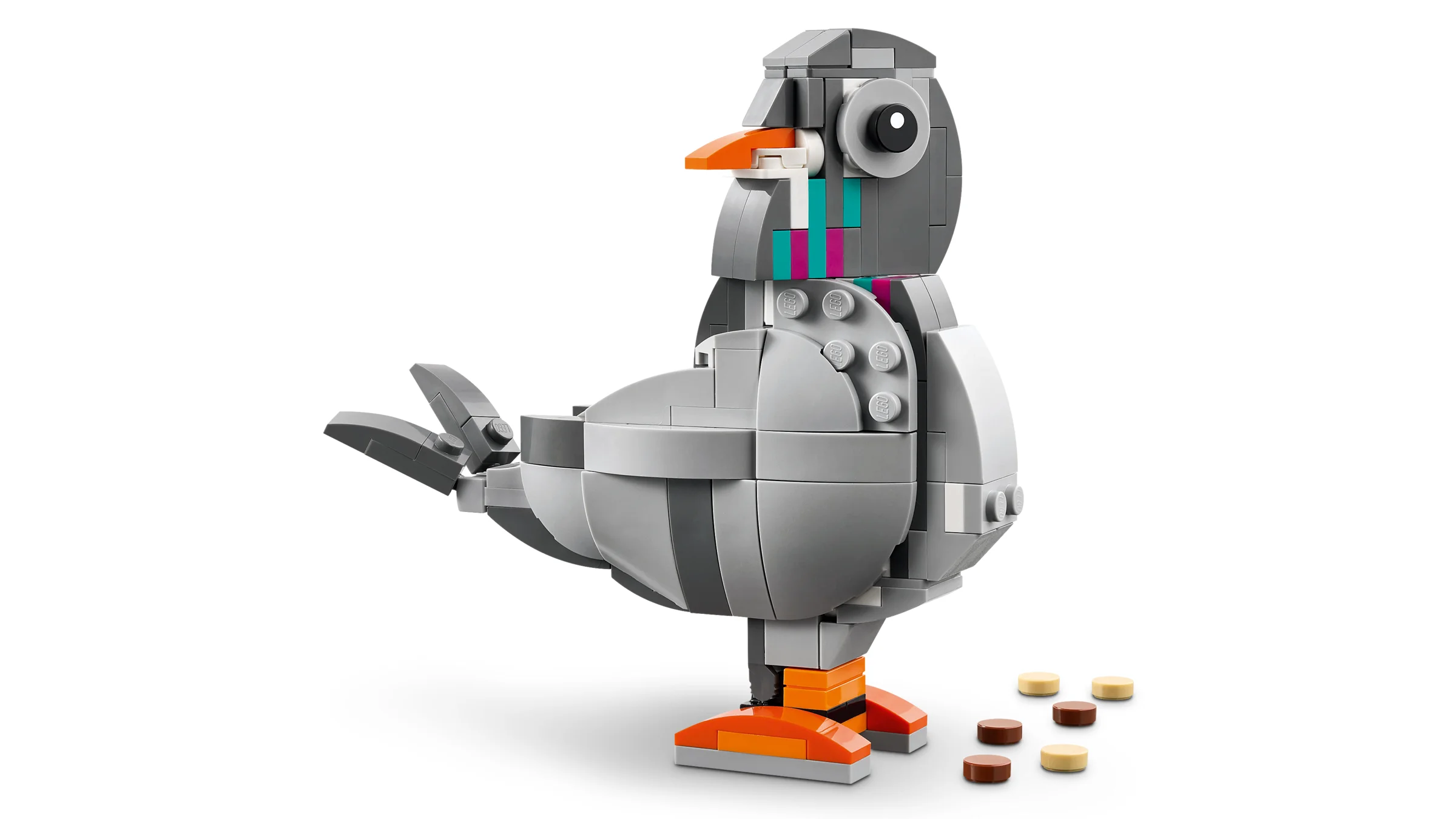 Model detaliat al unui porumbel LEGO, cu nuanțe de gri și detalii colorate.