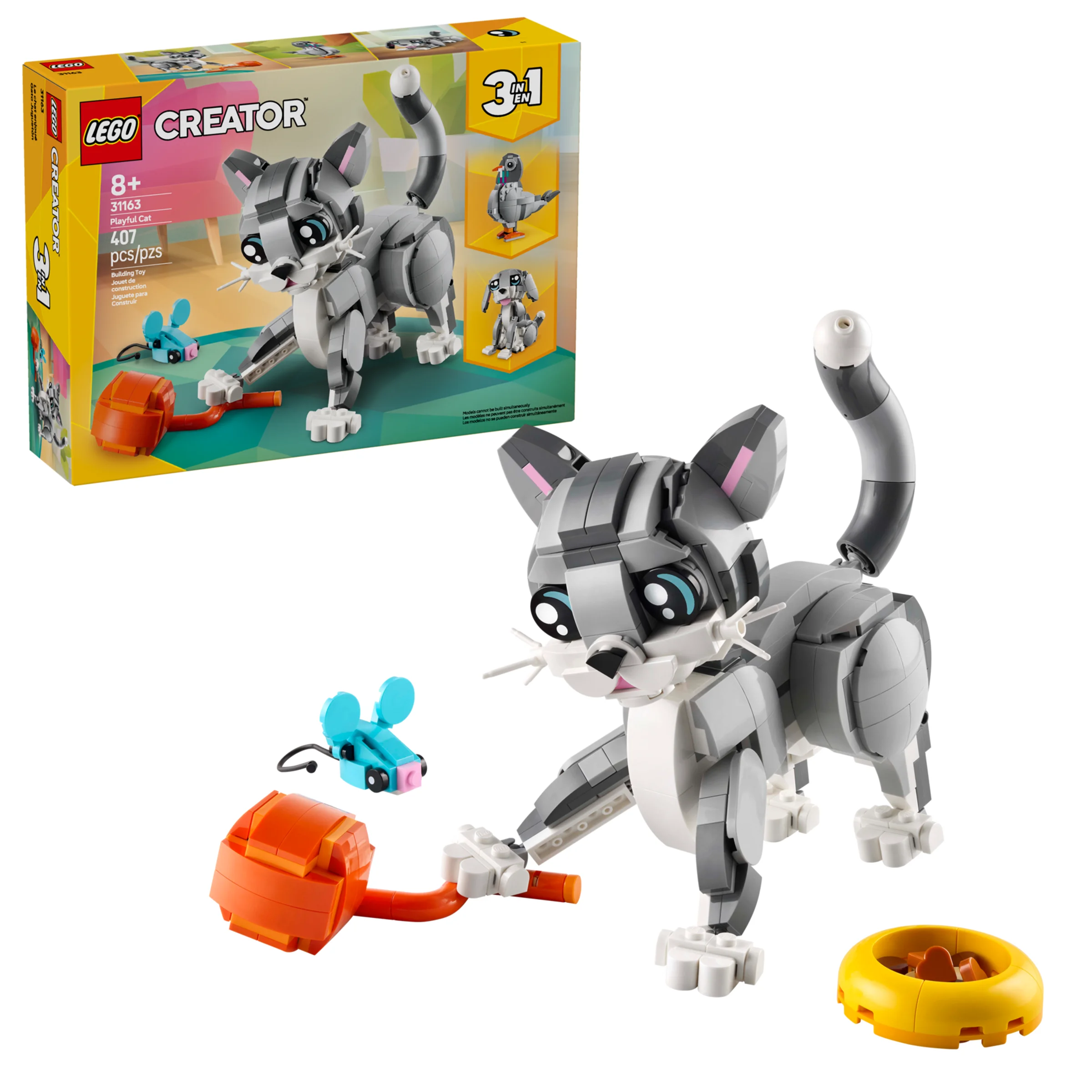 Imagine cu setul LEGO 31163 Pisică jucăușă, inclusiv cutia și modelul principal asamblat.