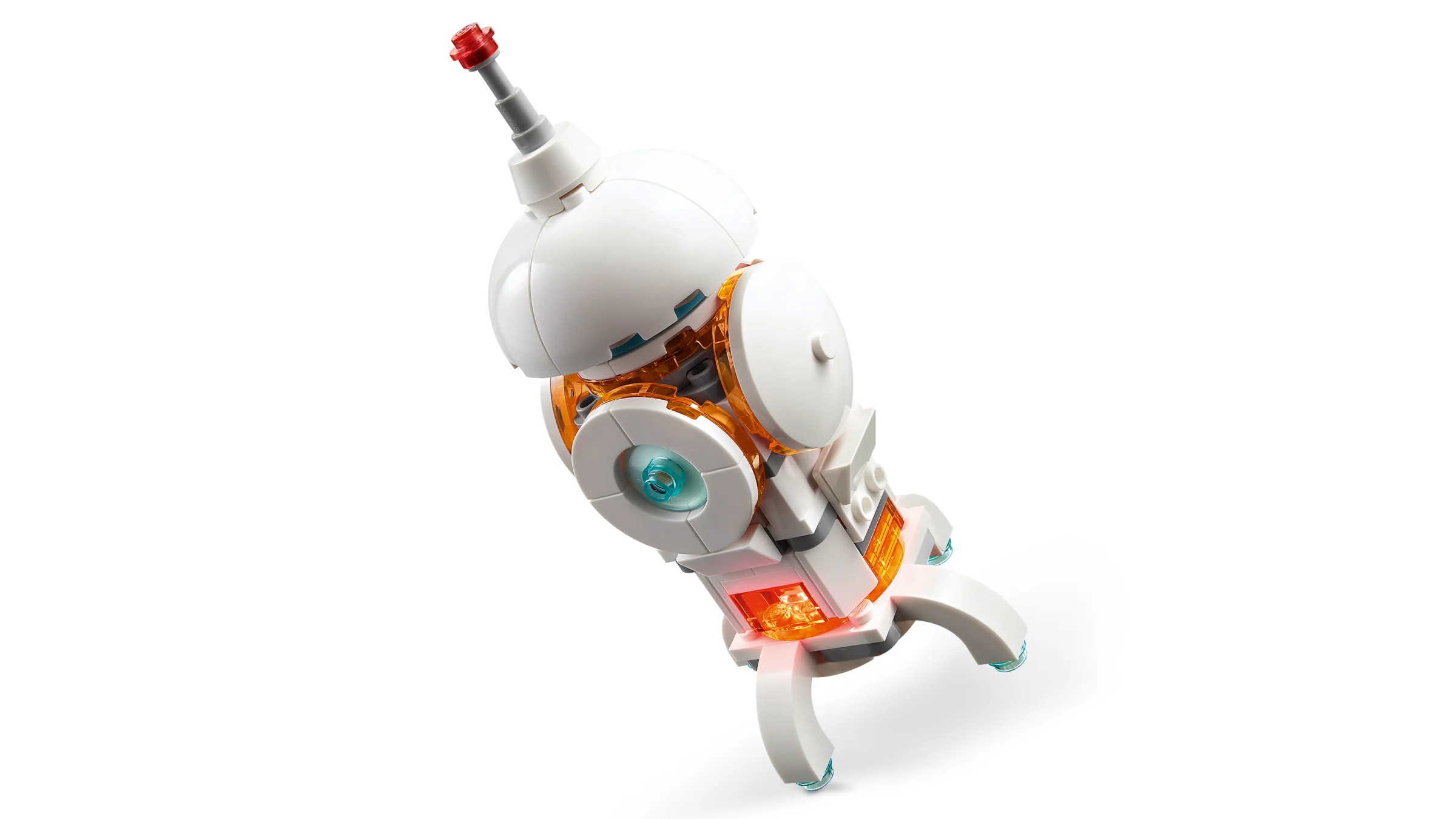 Robot spațial alb, cu accente portocalii și detalii albastre, pe un fundal alb simplu.
