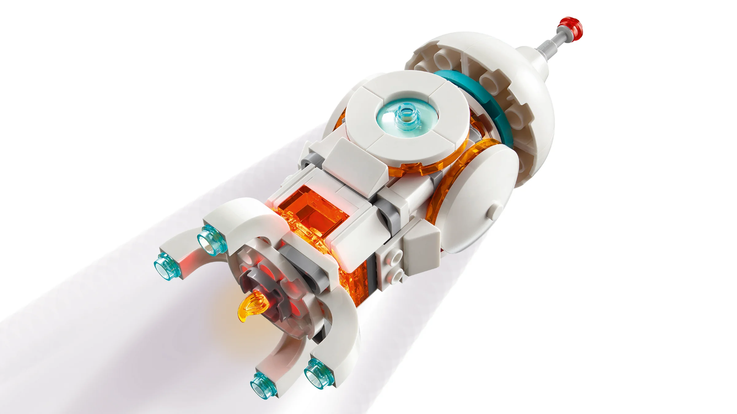 Robot spațial alb cu detalii portocalii și albastre, părând că zboară. Design futurist, compact.
