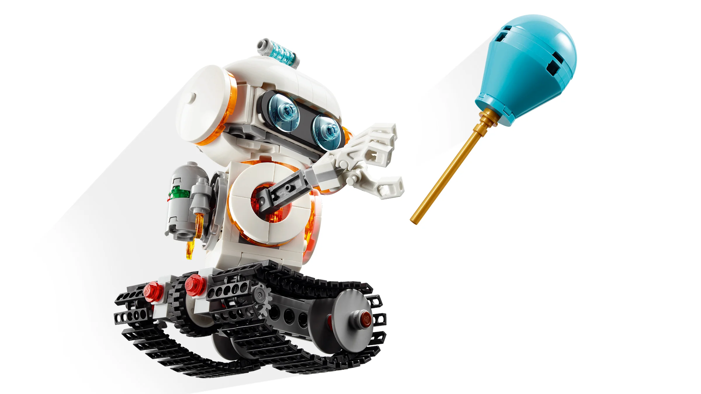 Imagine cu robotul spațial alb cu șenile și accesoriu albastru, setul LEGO Creator 31164.