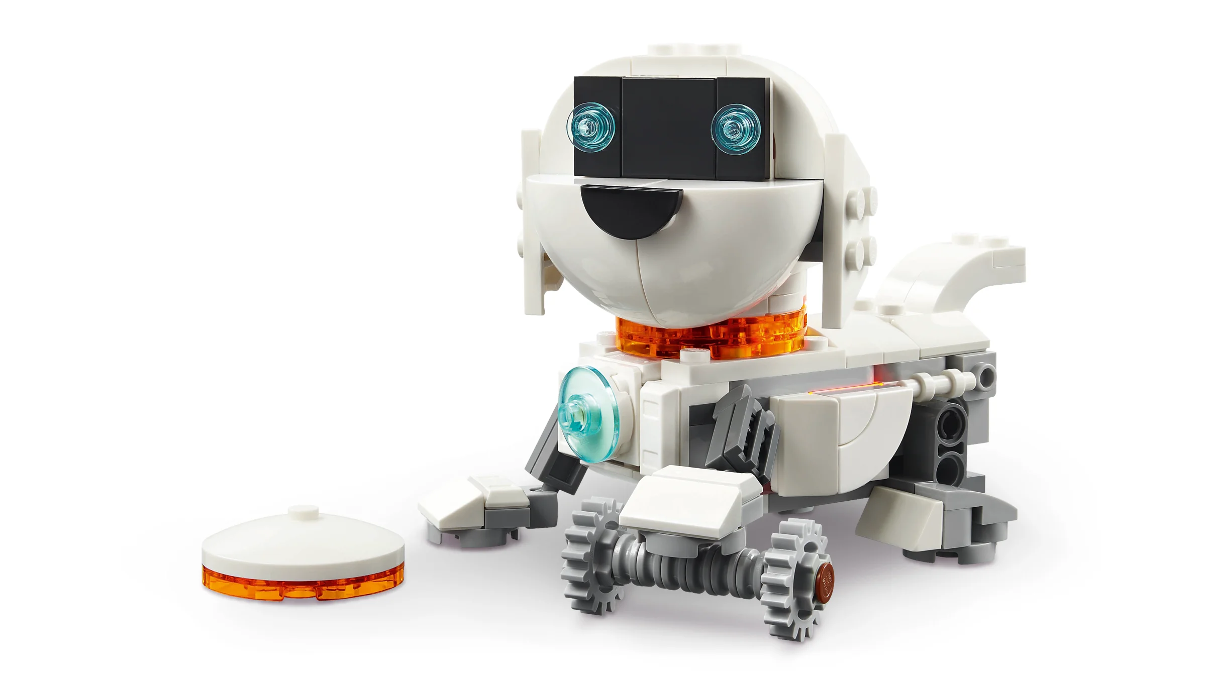 Imagine cu robotul spațial LEGO 31164, un model simpatic, alb, cu detalii portocalii și gri.