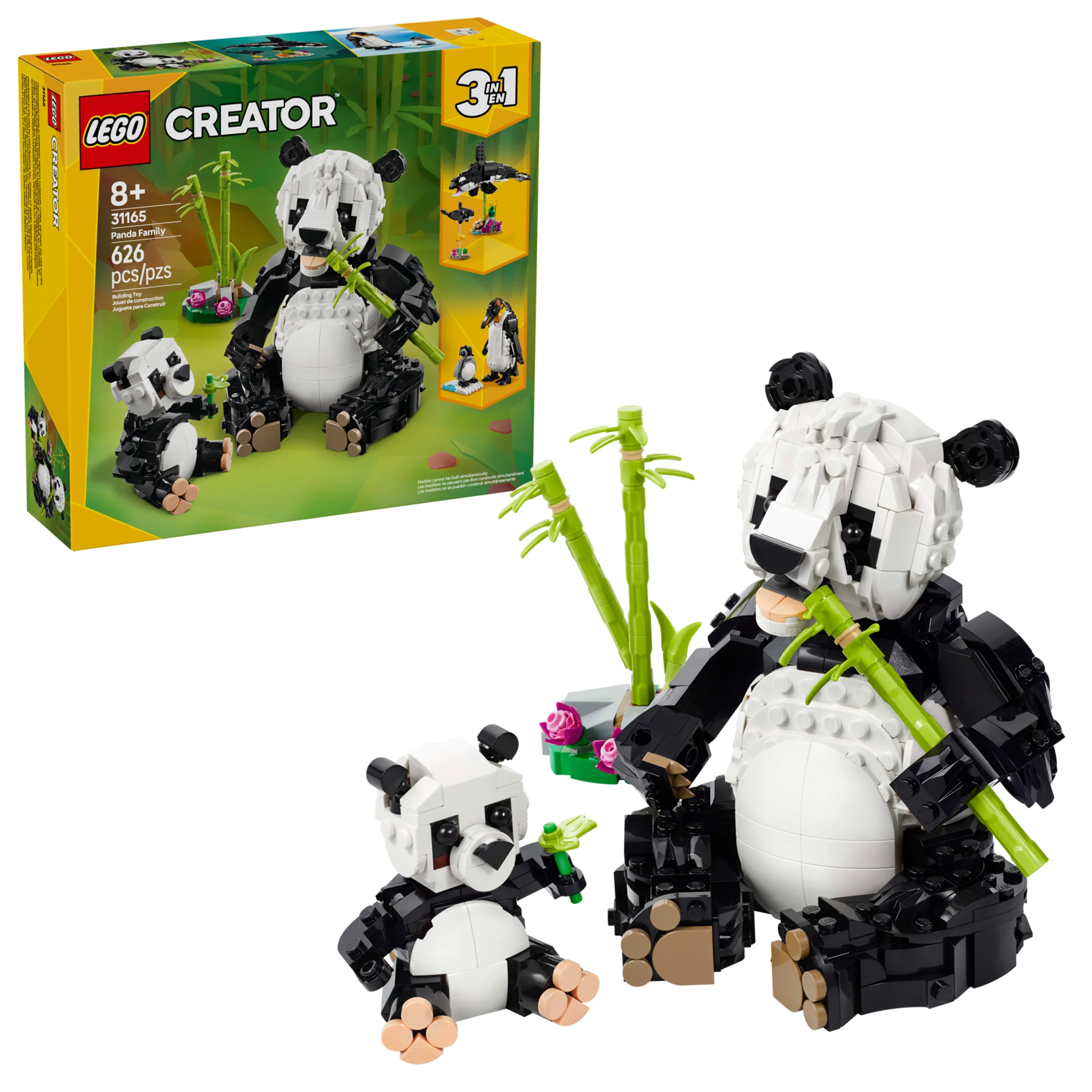 Imagine cu setul LEGO Creator 31165, Familia Panda, prezentând modelul și cutia.