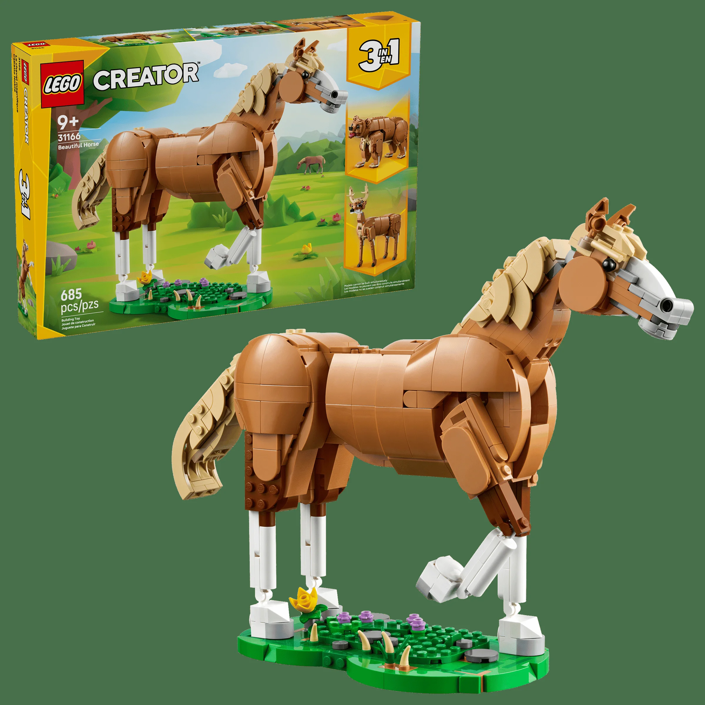 Imagine cu calul LEGO Creator 31166, modelul principal și cutia cu celelalte variante.