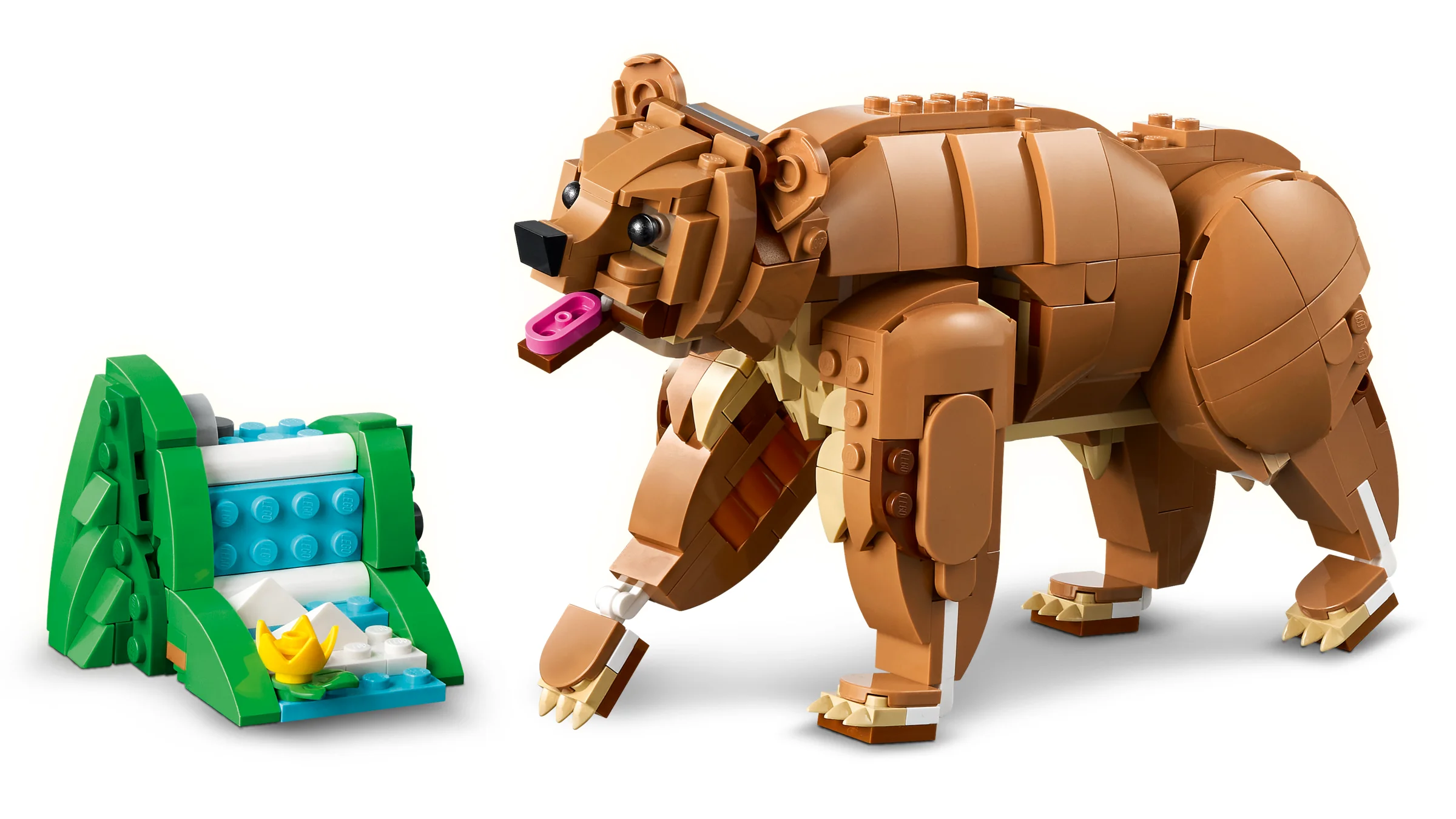 Urs brun detaliat din LEGO, cu o cascadă mică. Aspect atrăgător și viu colorat.