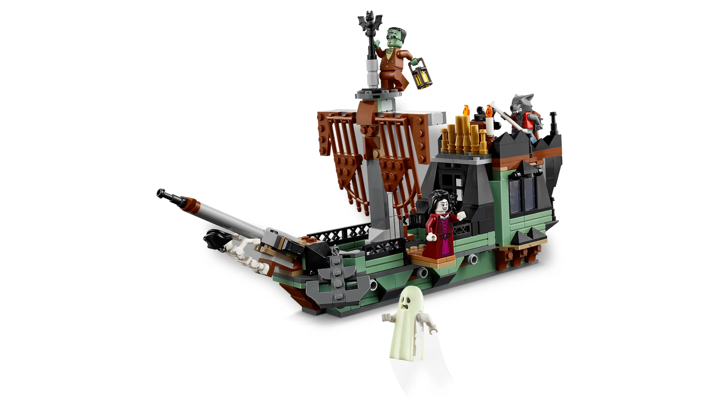 Modelul LEGO 31167, Casa Bântuită, cu mini-figurinele incluse: fantoma, vampir, vârcolac, Frankenstein.