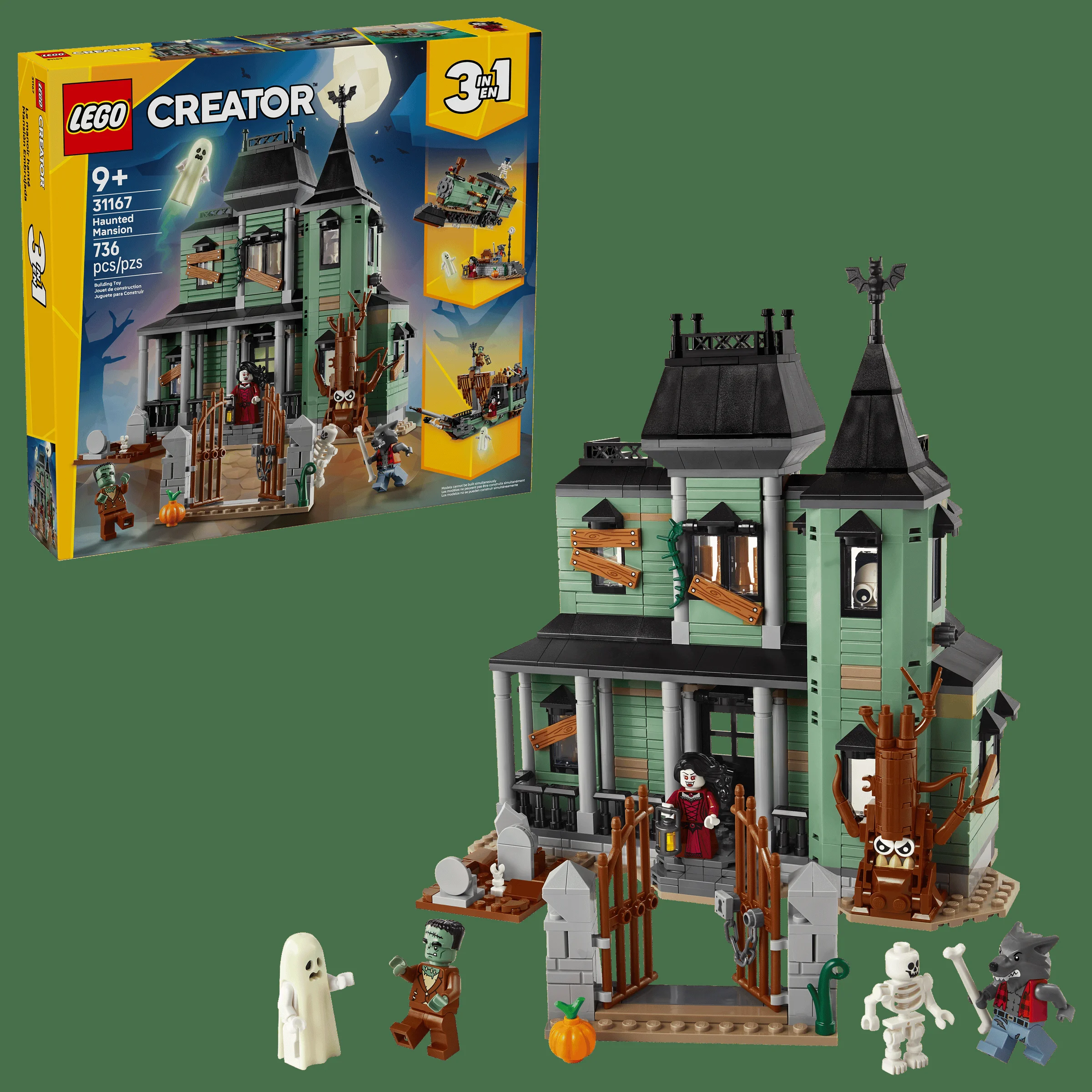 Imagine cu setul LEGO Creator 31167, o casă bântuită înfricoșătoare, cu minifigurine incluse.