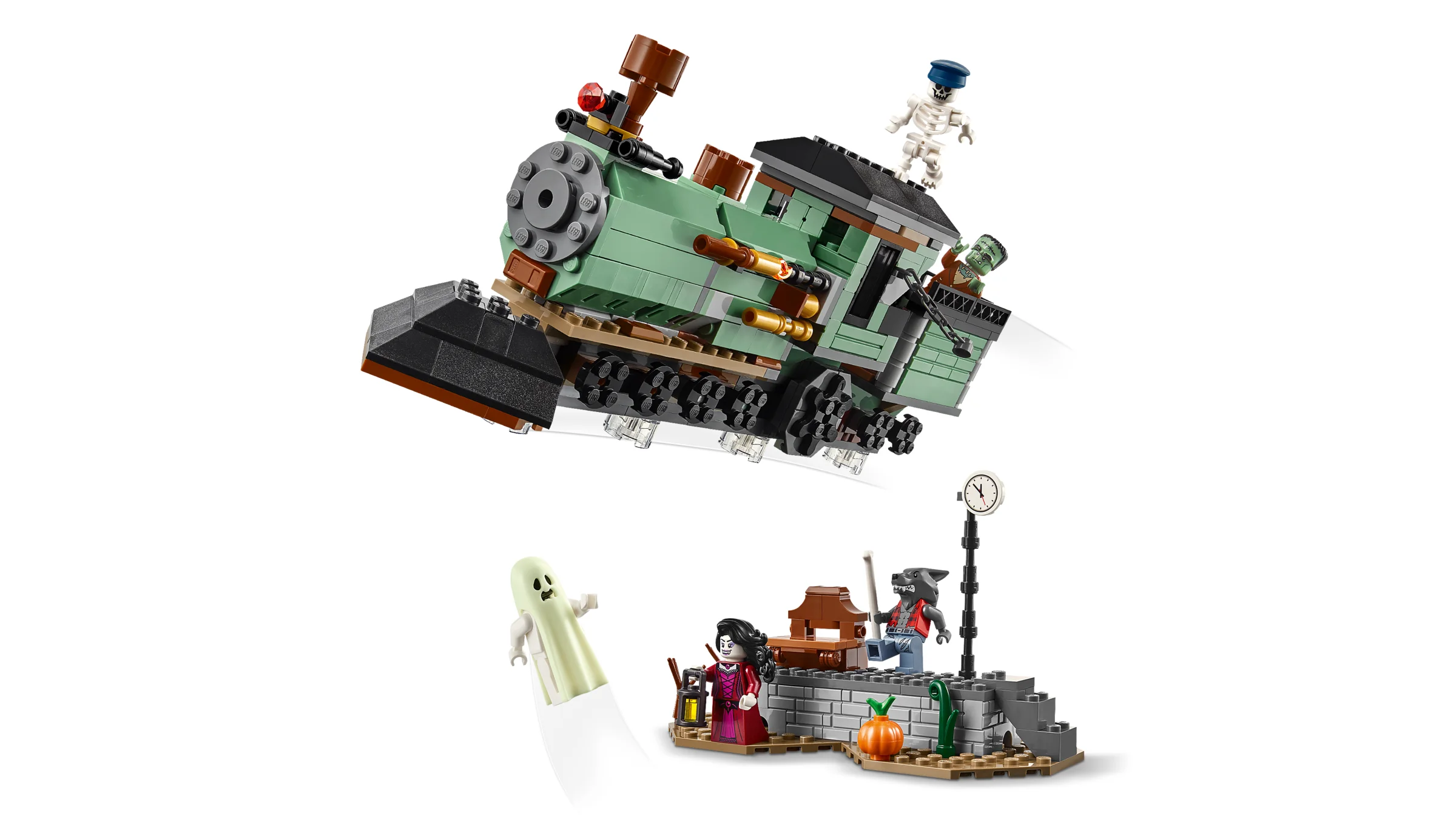Imagine a setului LEGO 31167, conținând o locomotivă bântuită și minifigurine înfricoșătoare.