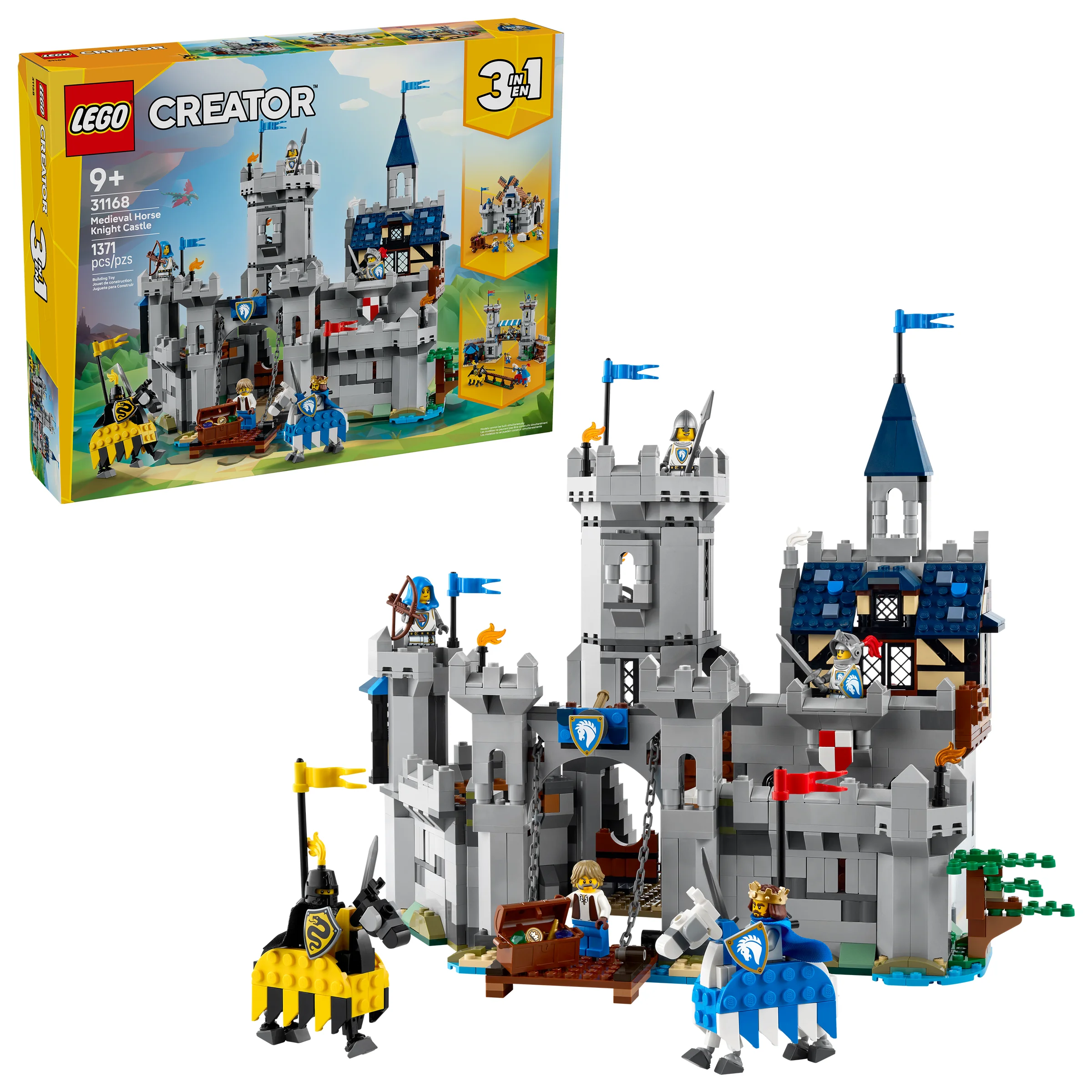 Imagine cu castelul medieval LEGO Creator 31168 și cutia. Castel detaliat, cu minifigurine și cai.