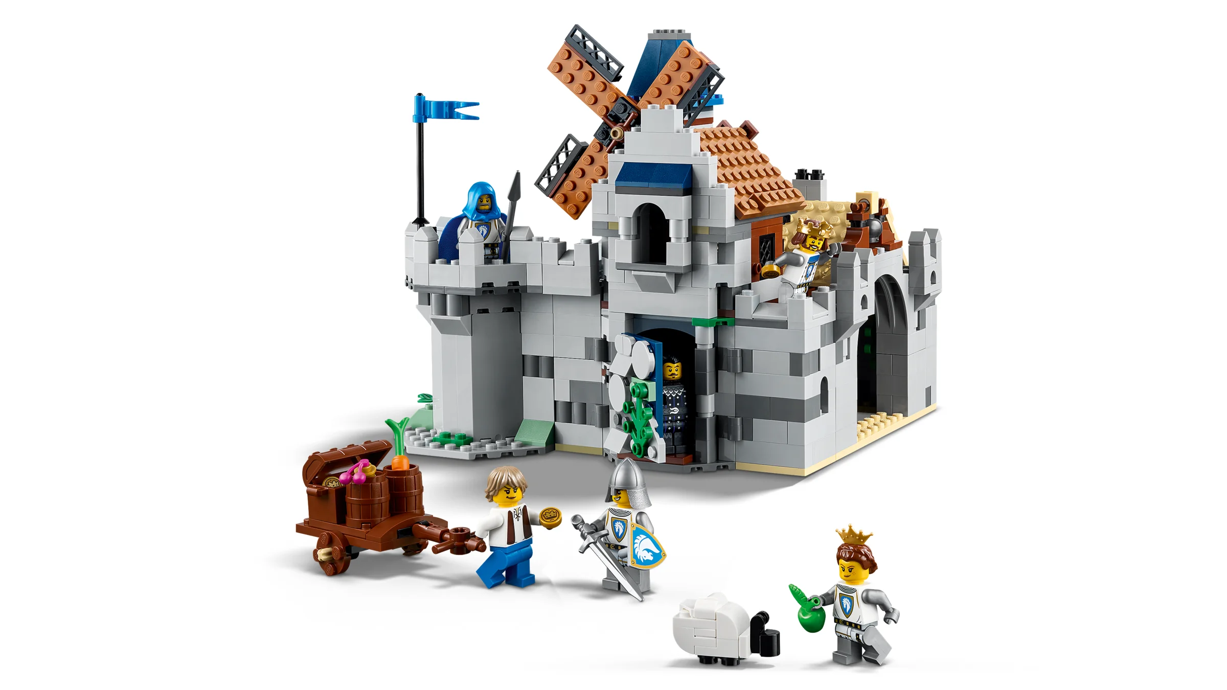 Imagine cu castelul medieval cu moară de vânt și minifigurinele incluse în set.