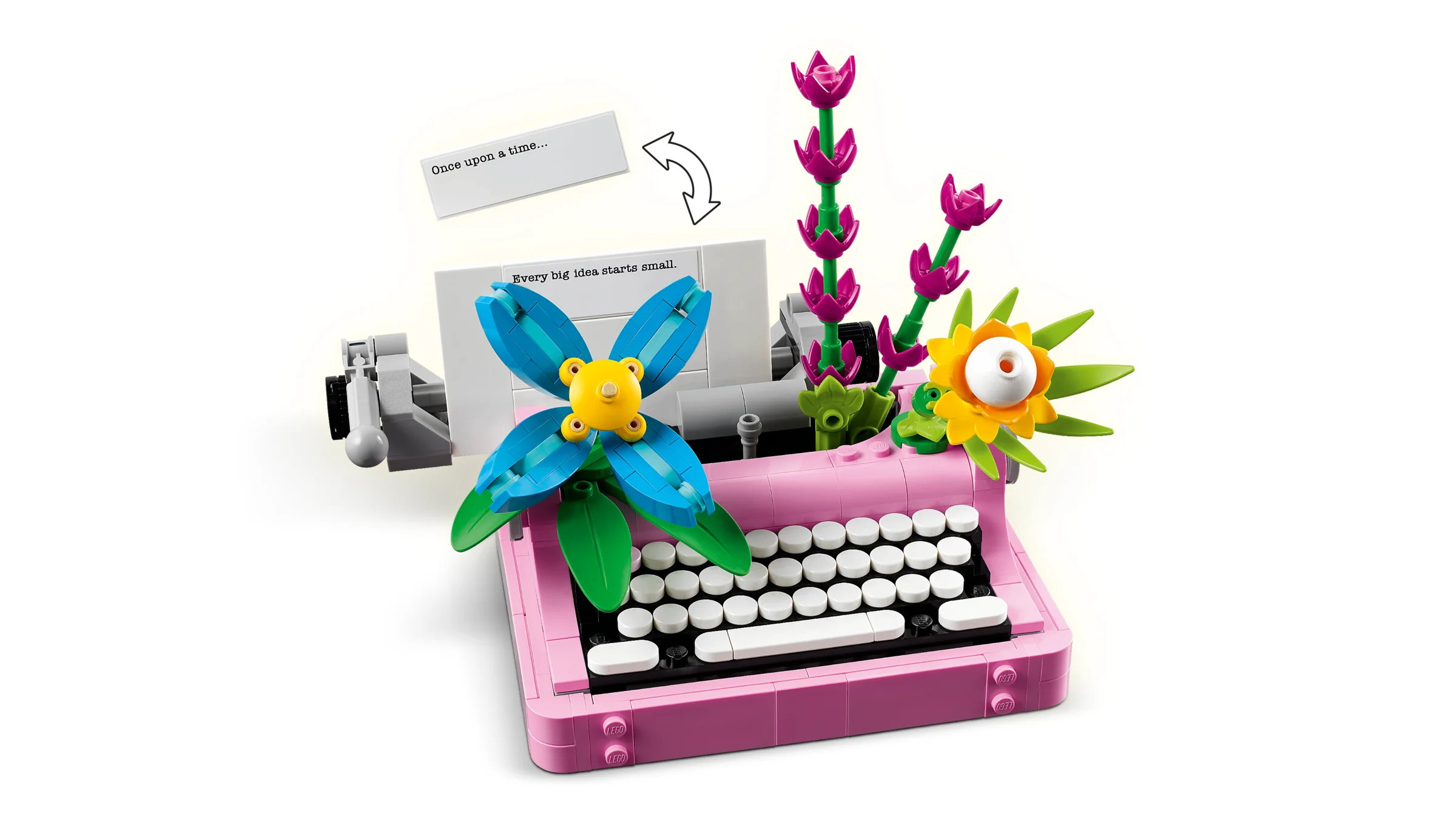 Imagine detaliată cu mașina de scris LEGO, decorată cu flori colorate. Un model creativ și artistic.