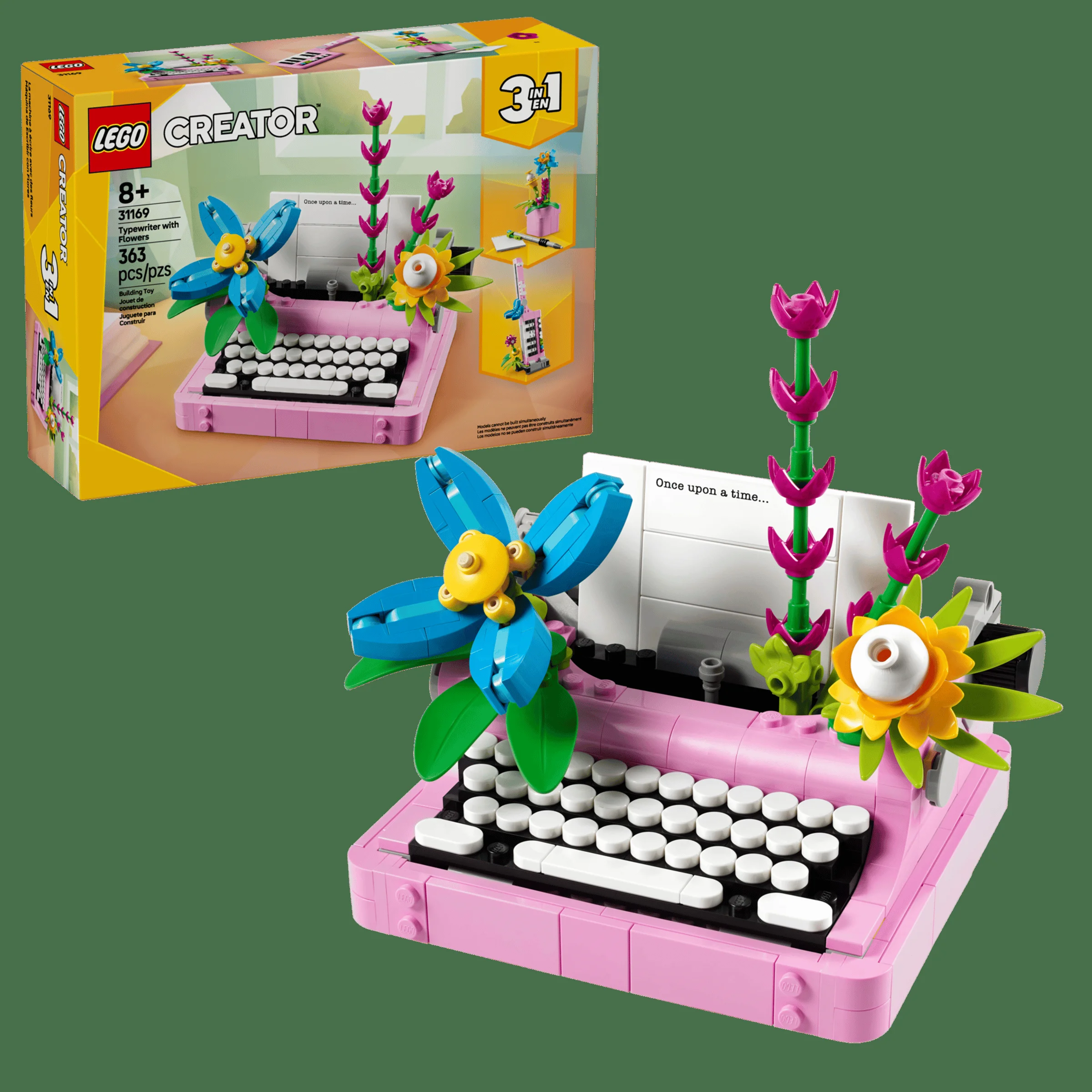 Imagine cu mașina de scris roz din LEGO, setul 31169, decorată cu flori colorate și cutia produsului.