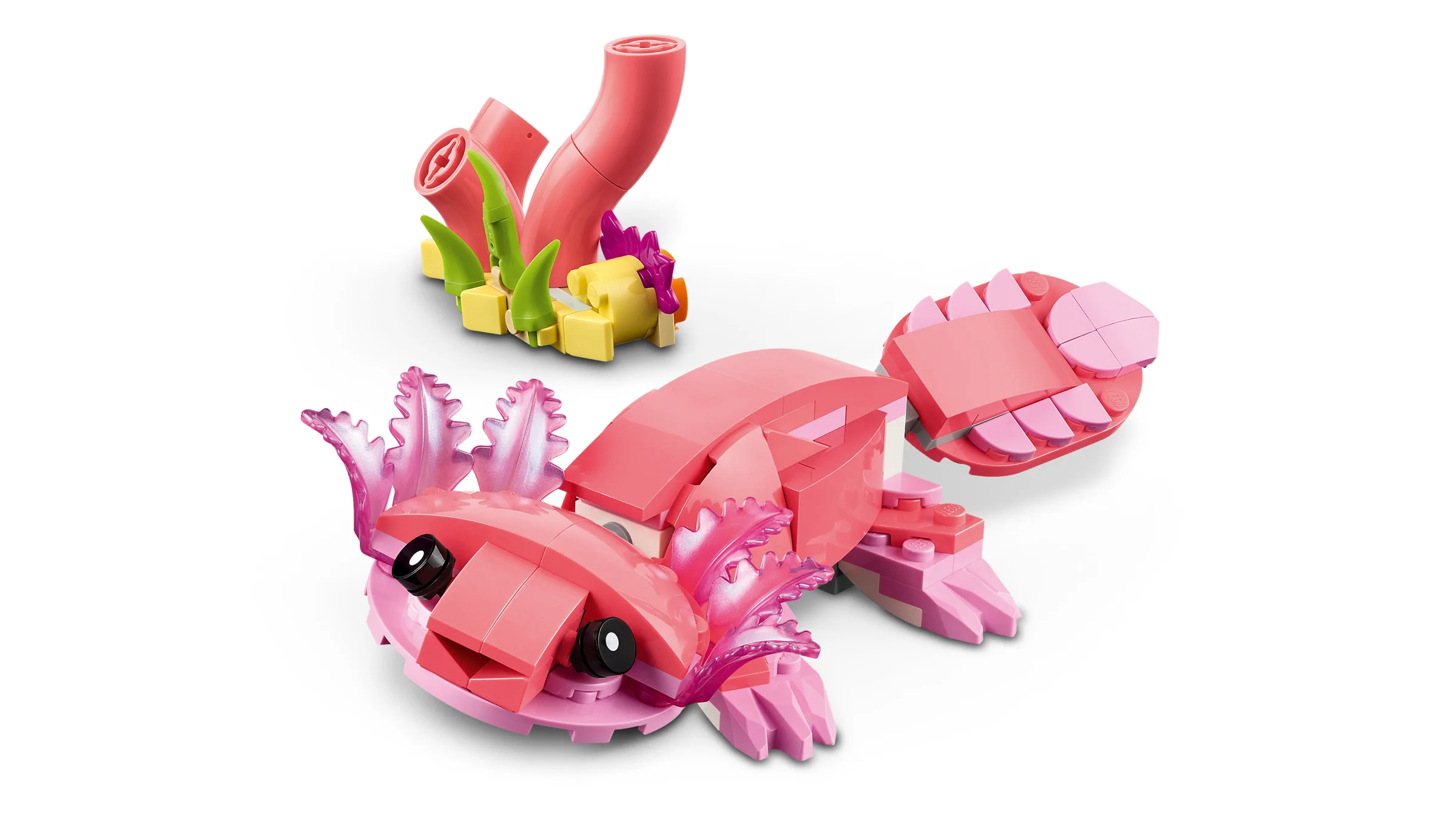 Imagine cu modelul finalizat: un flamingo roz și o plantă subacvatică. Aspect atrăgător.