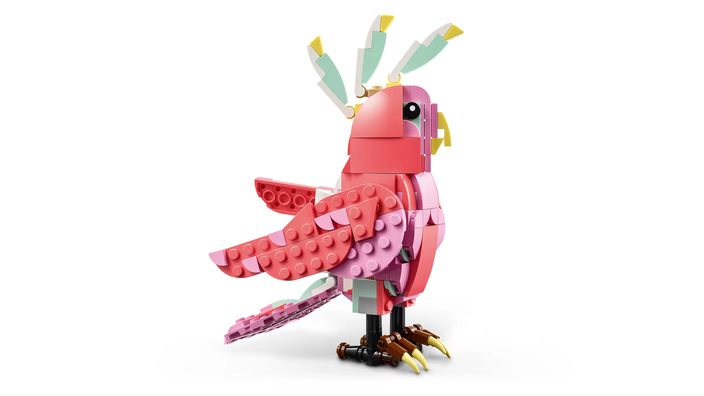 O imagine a modelului LEGO Flamingo roz (31170) pe un fundal alb.