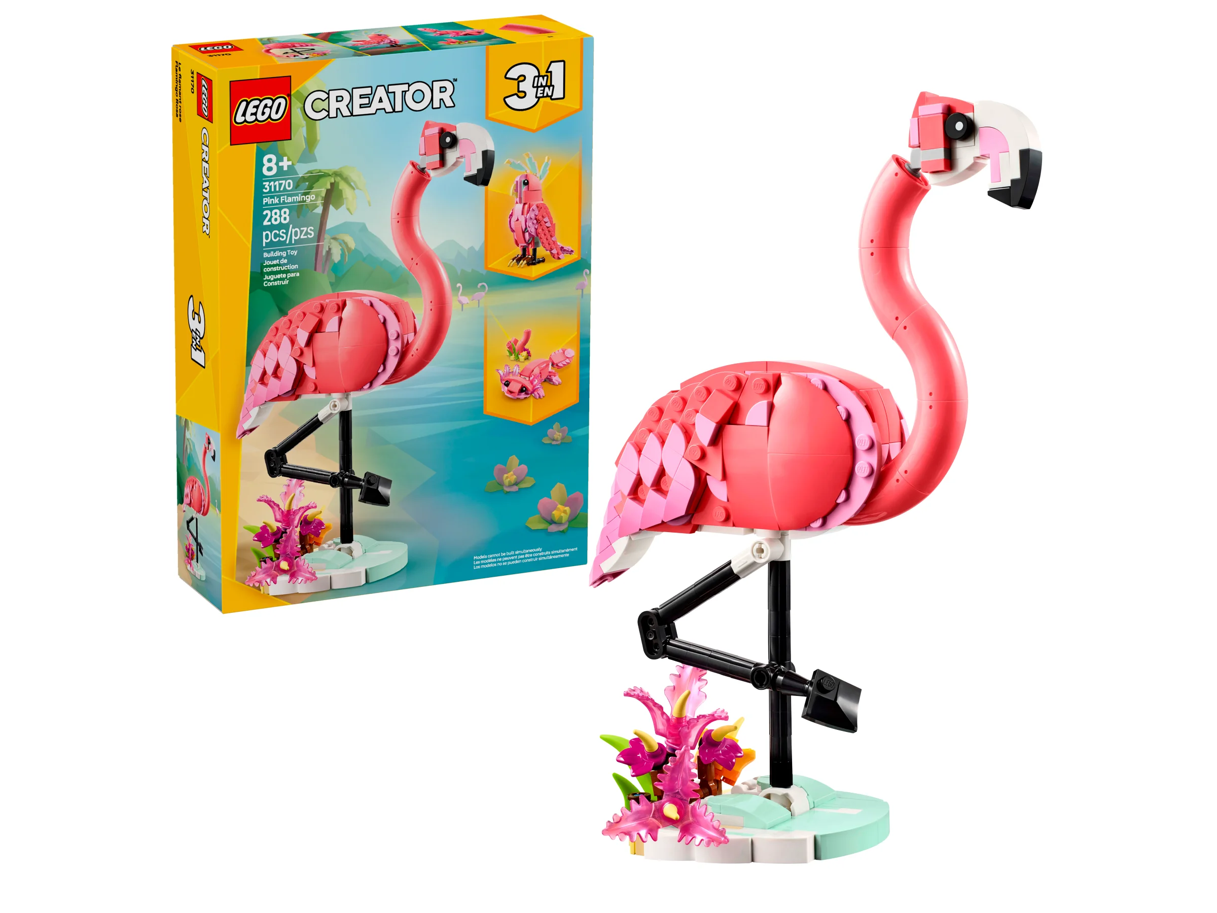 Imagine cu setul LEGO Creator 31170 Flamingo Roz, cu cutia și modelul asamblat.