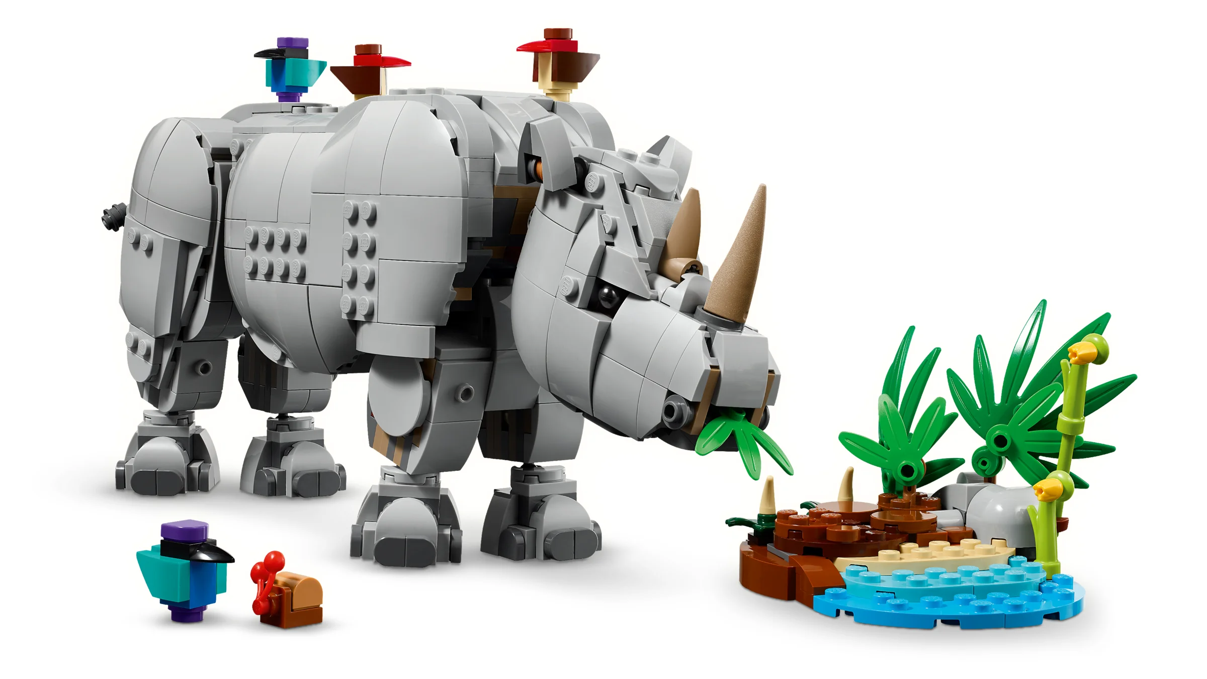 Modelul LEGO Creator 31171: rinocerul maiestuos, cu păsări și un habitat mic. O construcție detaliată și atractivă.