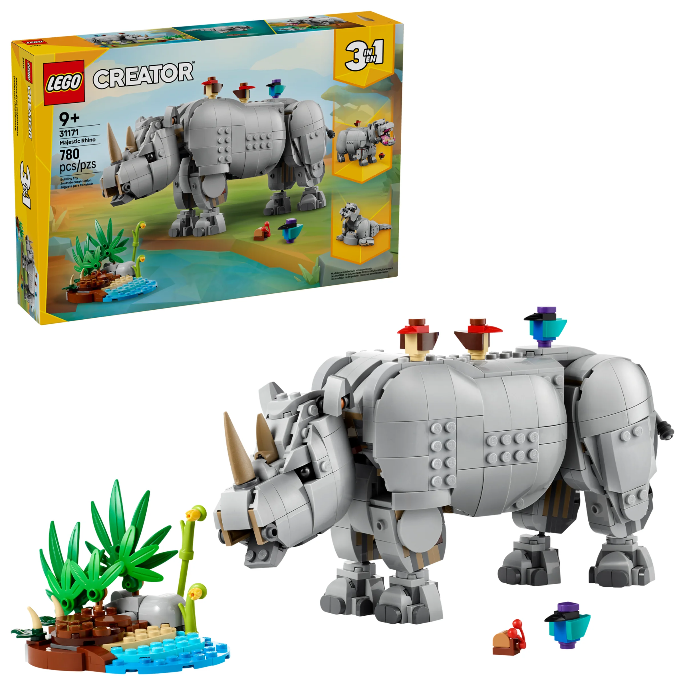 Imagine cu rinocerul LEGO Creator 31171 și cutia. Model detaliat, cu păsări și oaza. Ideal pentru prezentare.