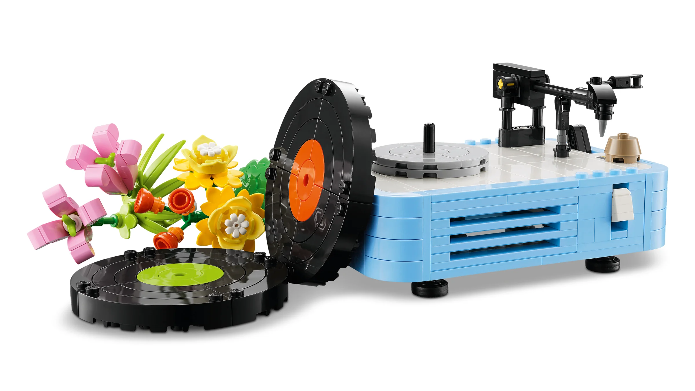 Placă turnantă LEGO albastră cu flori colorate și discuri, un model elegant și detaliat.
