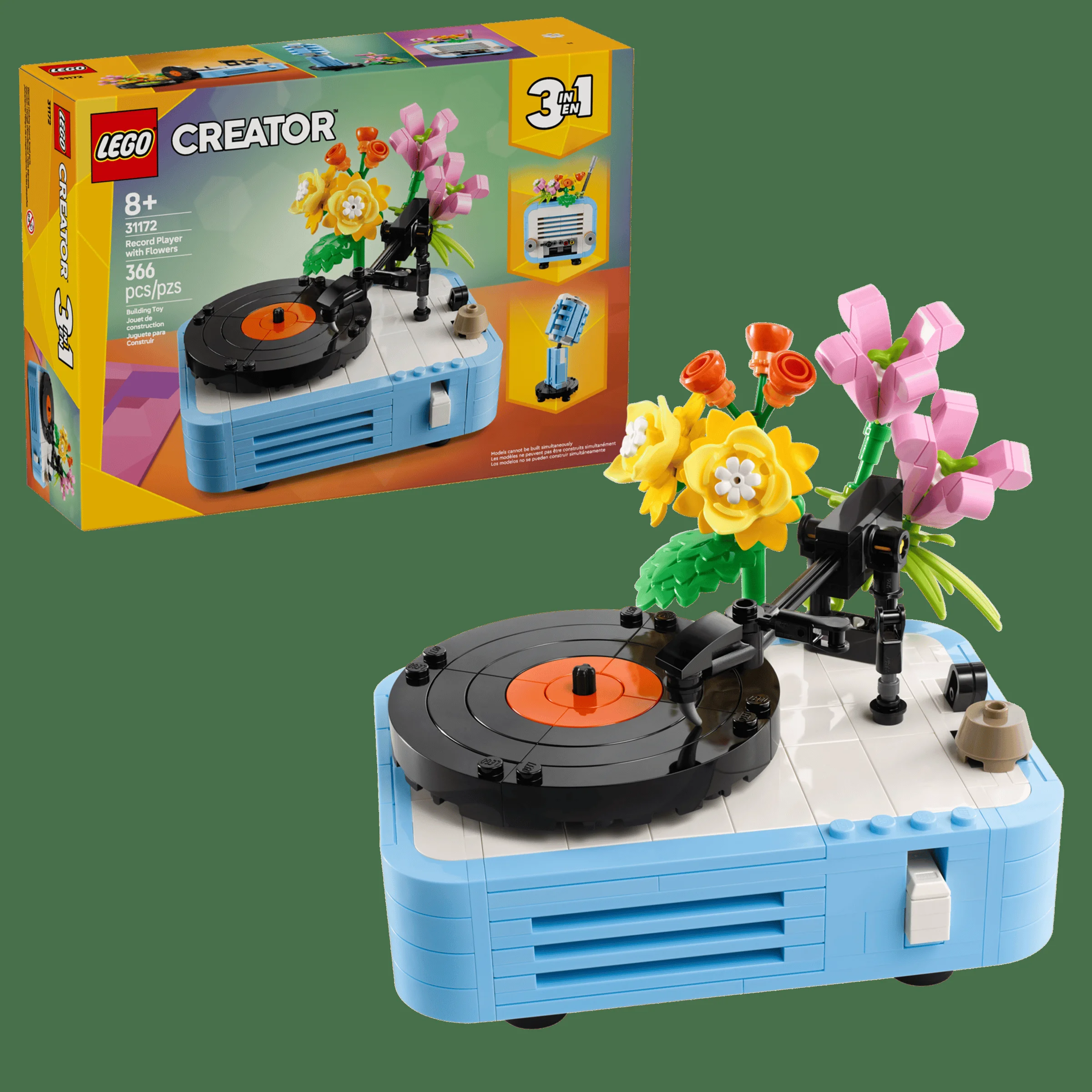 Setul LEGO Creator 31172: un pick-up cu flori colorate, alături de cutia produsului.