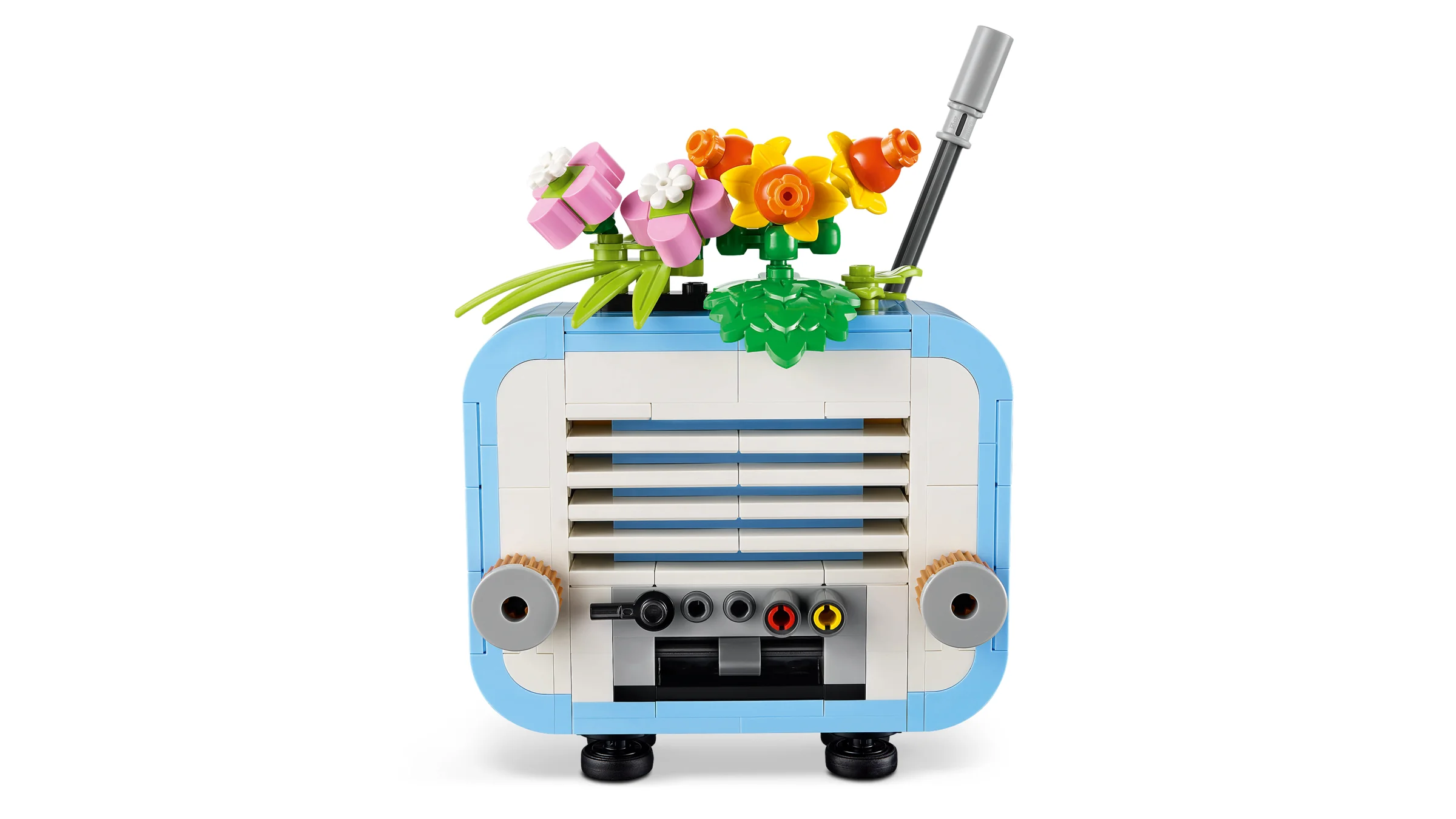 Vedere din spate a modelului LEGO Record Player cu flori, evidențiind detaliile construcției.
