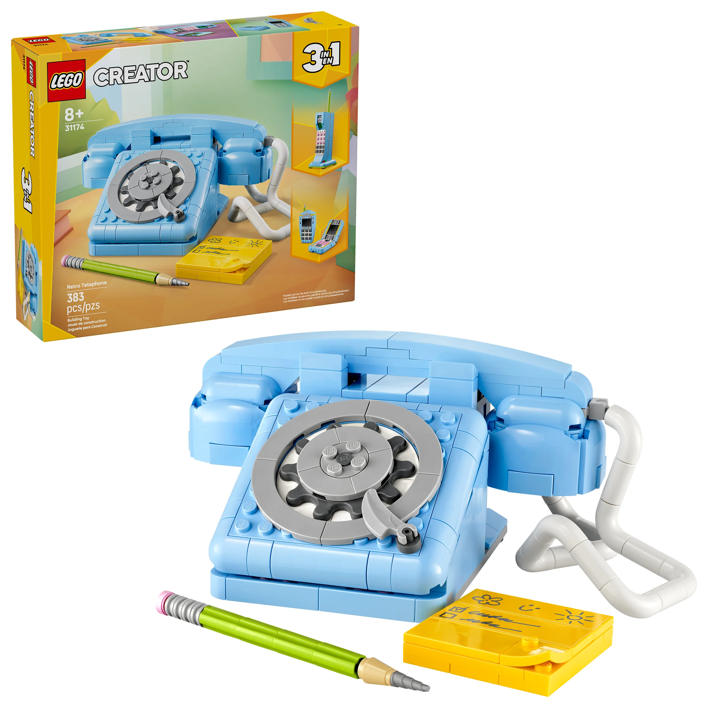 Prezentare detaliată a telefonului retro LEGO 31174, cu cutia produsului în fundal.