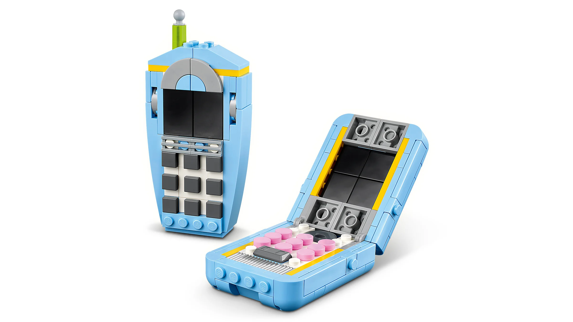 Telefon retro albastru, cu clapetă deschisă, din setul LEGO Creator 31174. Design nostalgic și detaliat.