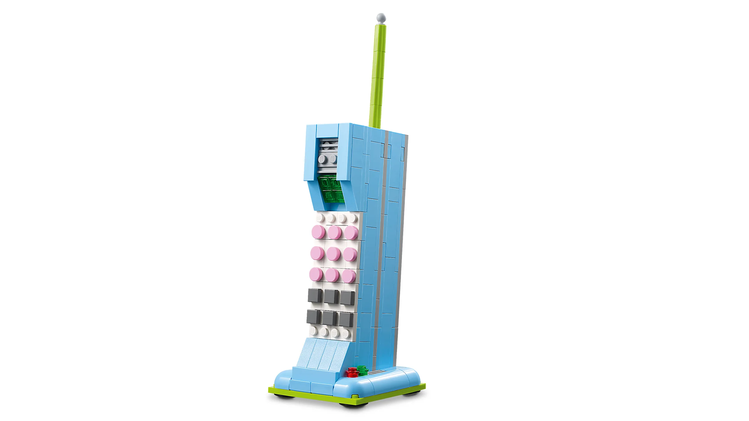 Telefon retro LEGO Creator. Model albastru cu butoane colorate. Design nostalgic, atrăgător.