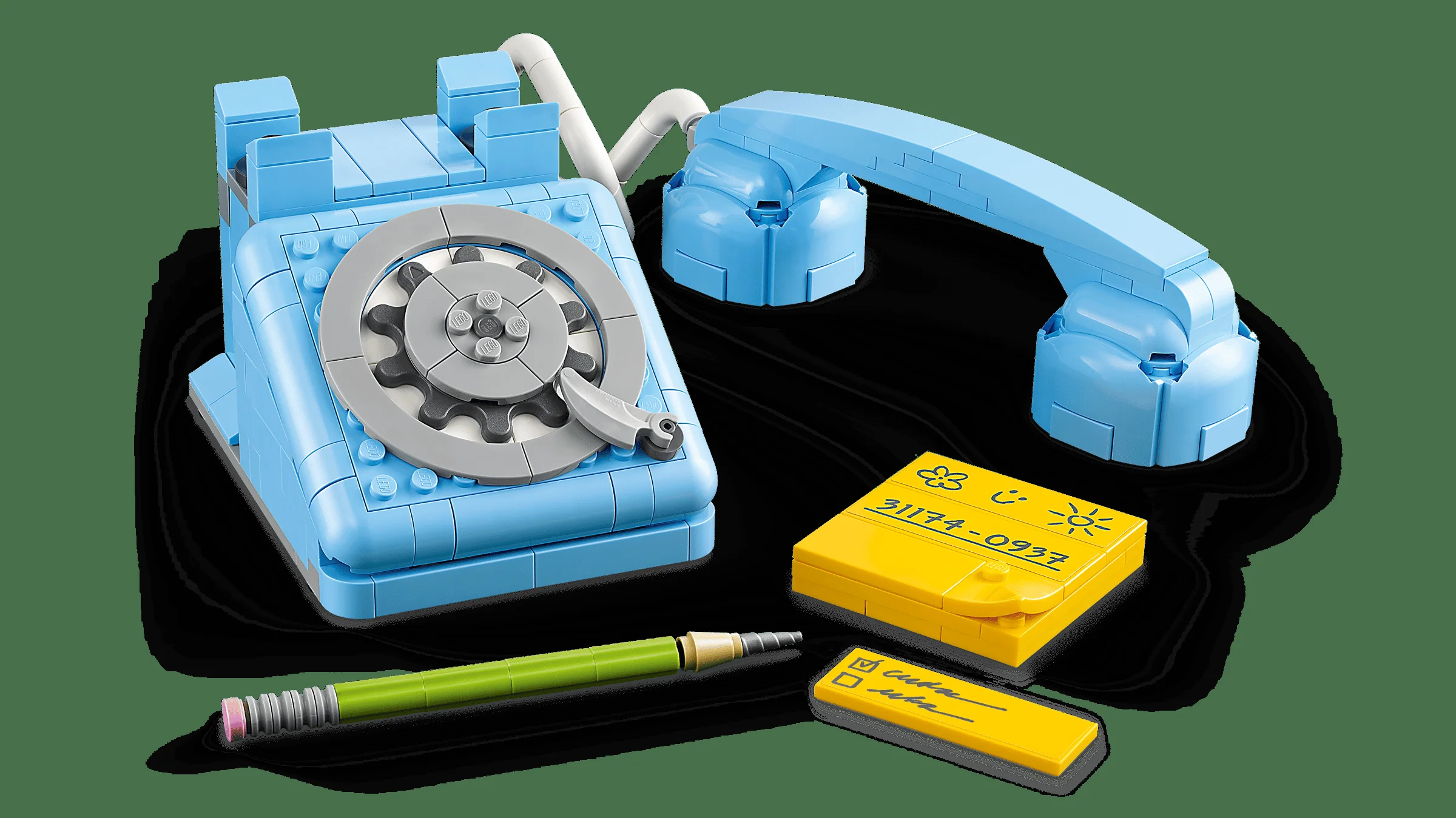 Imagine cu telefonul retro LEGO 31174, albastru, cu accesorii. Un model atrăgător și detaliat.