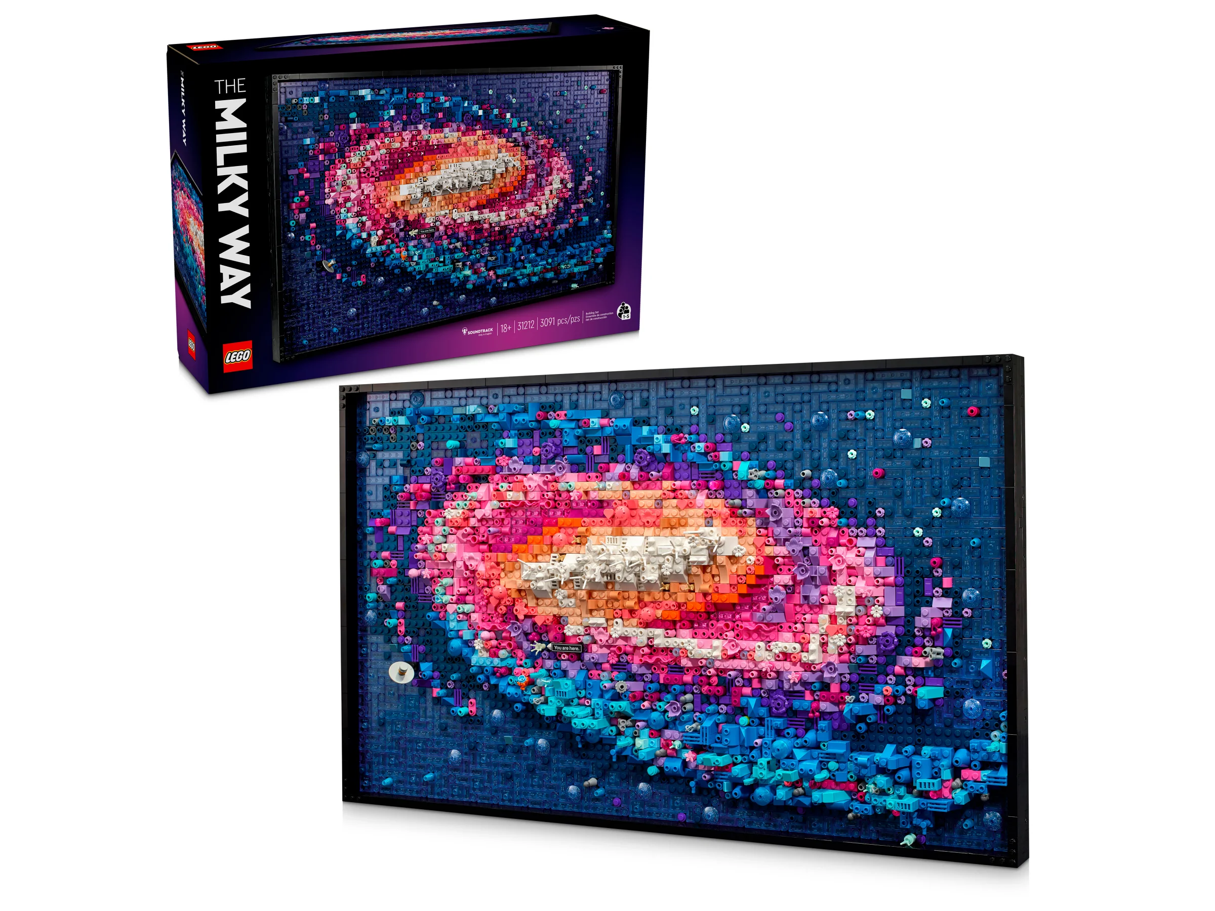 Imagine cu produsul LEGO Art 31212, Calea Lactee, incluzând cutia și modelul finalizat.