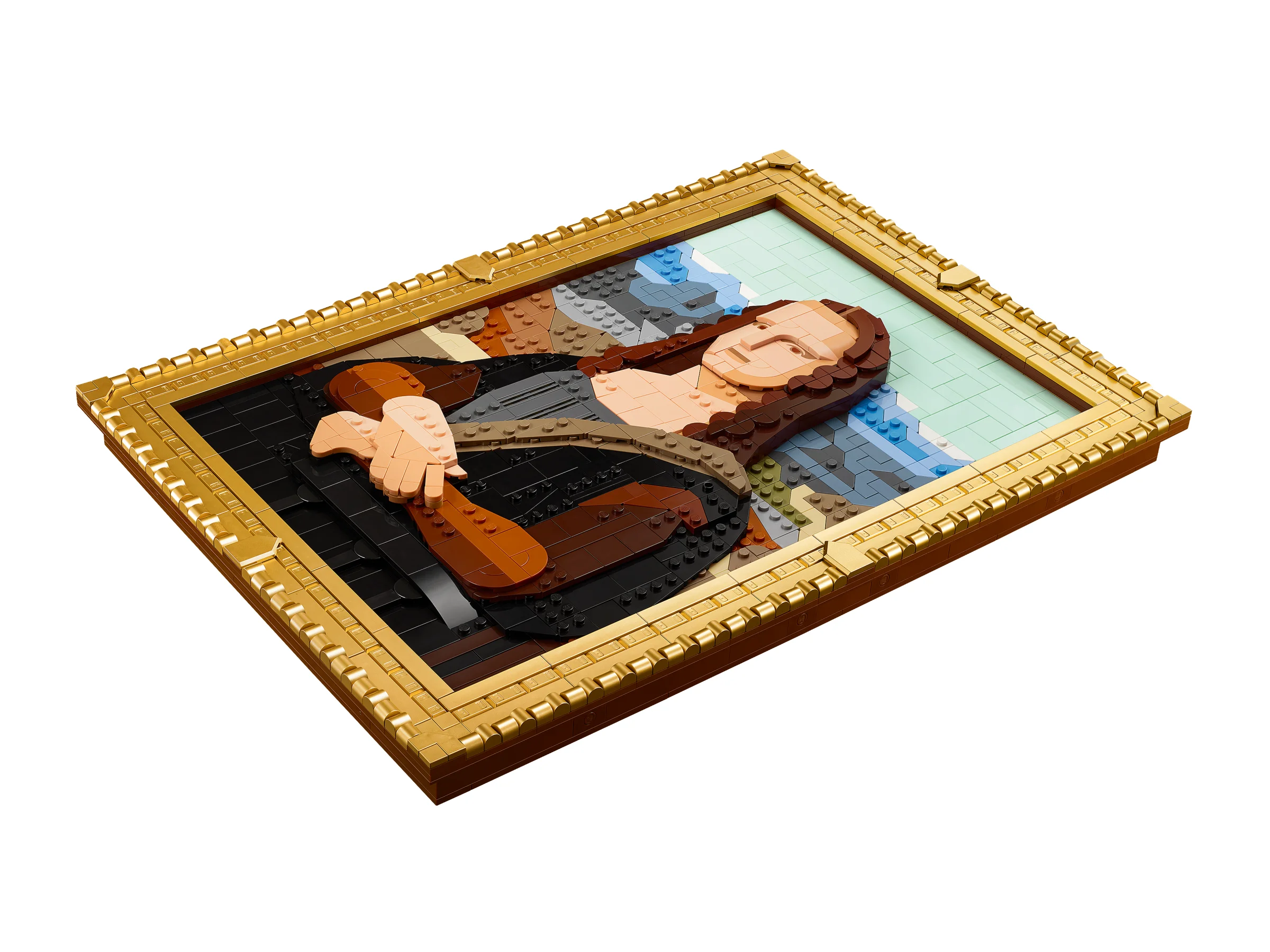 O vedere a picturii Mona Lisa realizată din piese LEGO, cu ramă aurie.