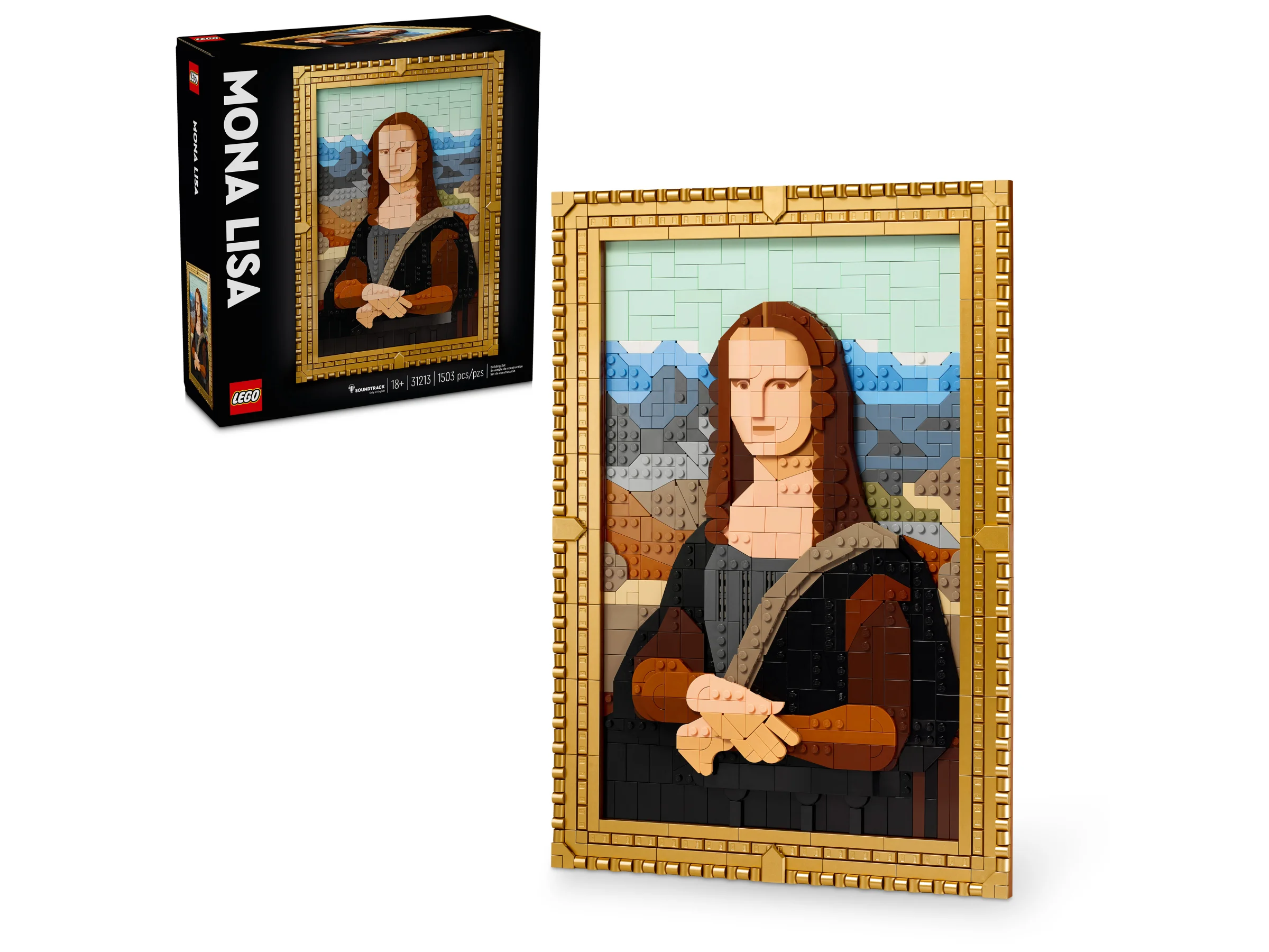 Imagine cu setul LEGO Mona Lisa, cu cutia și modelul finalizat. O replică artistică!