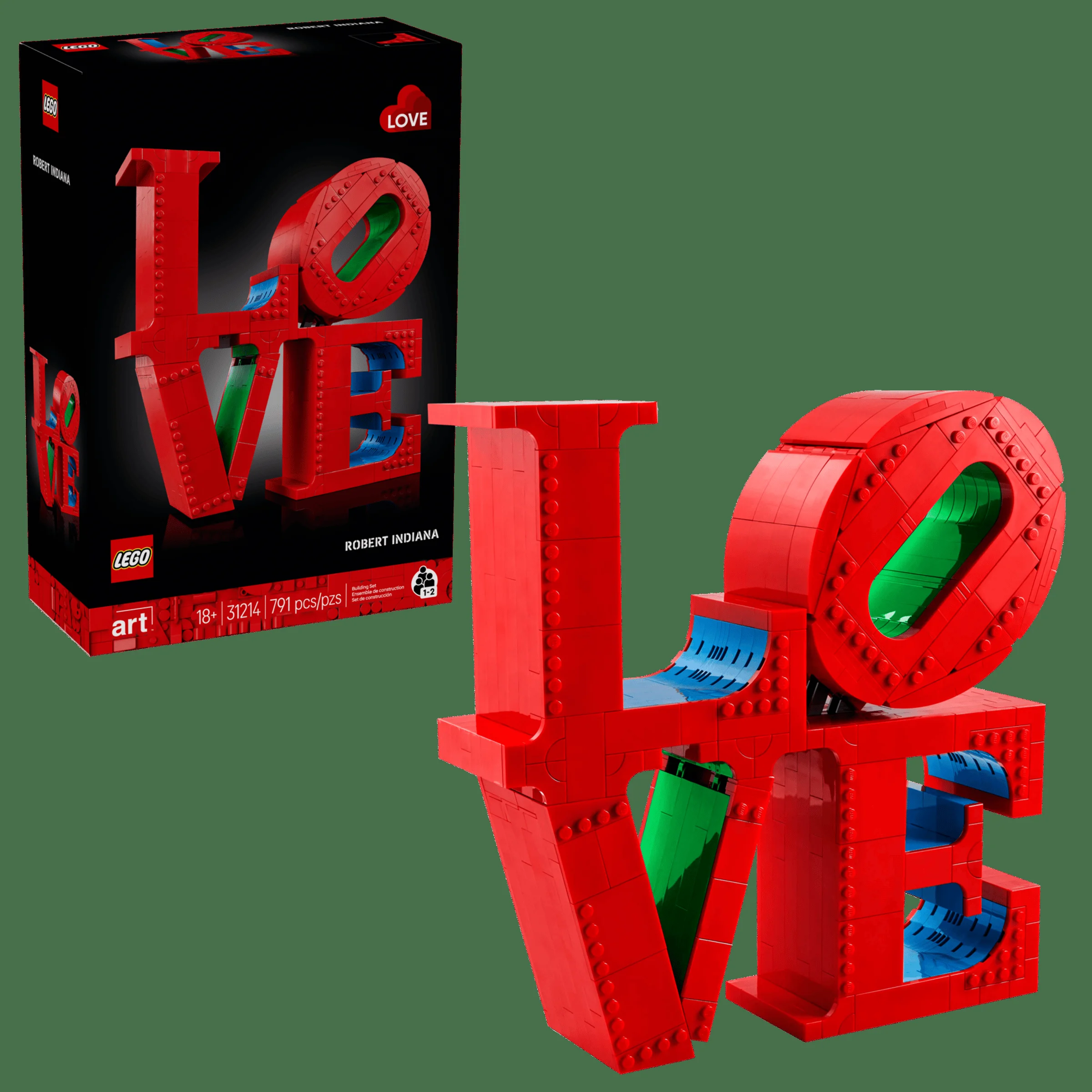 Imagine cu setul LEGO Art 31214 LOVE și cutia lui. Modelul are culori vii: roșu, verde și albastru.