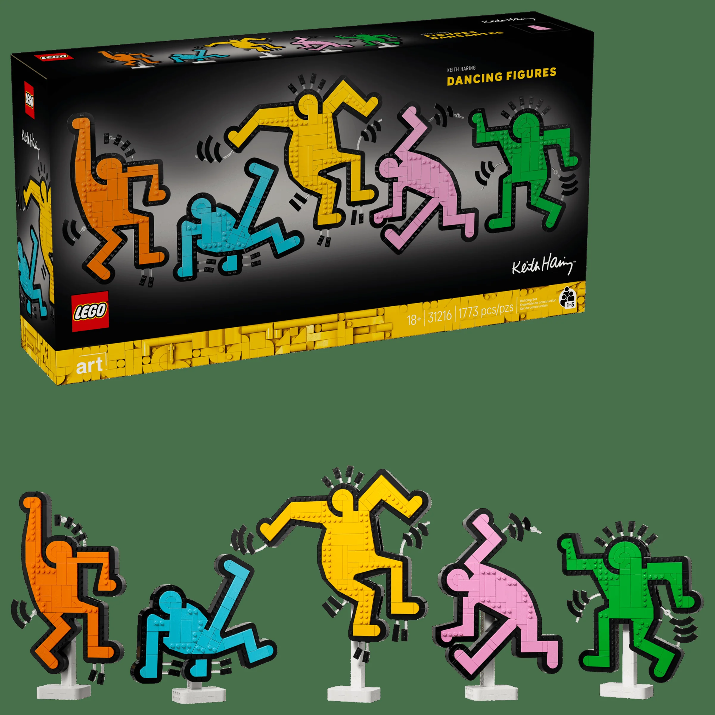 Prezentare produs: Setul LEGO Art 31216 Keith Haring - Figuri Dansante, cu cutia și modelele finalizate.