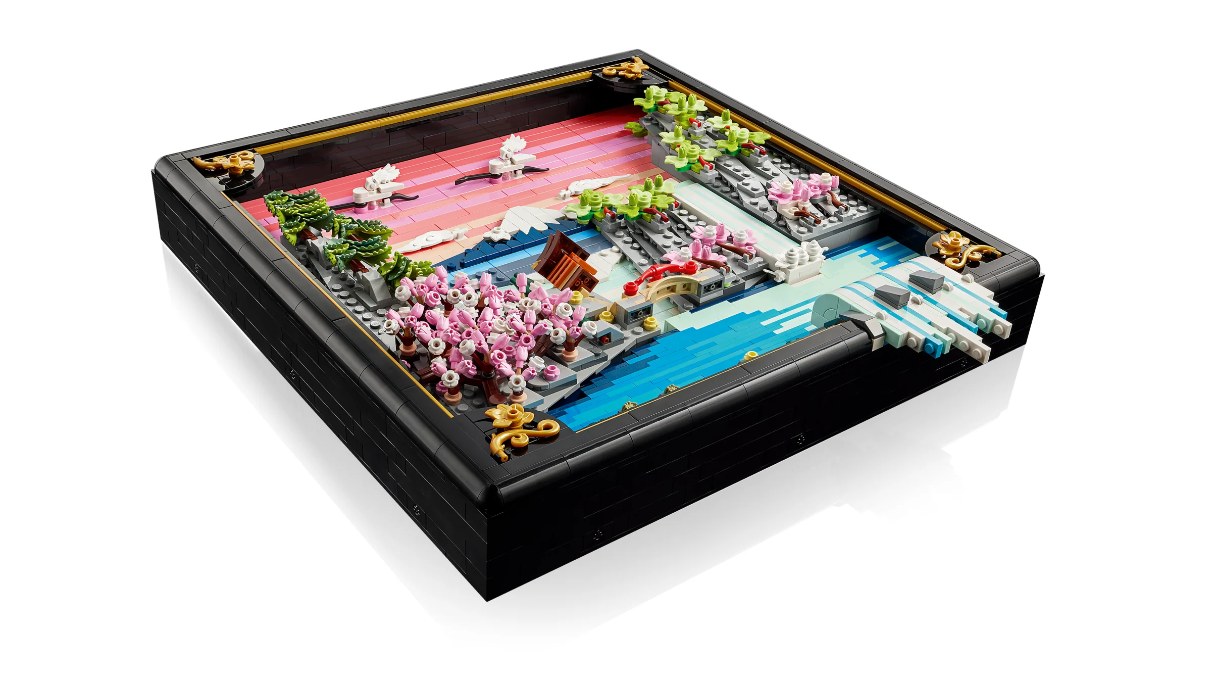 Modelul LEGO Art 31218 pe fundal alb, reprezentând un peisaj japonez cu cireși înfloriți.