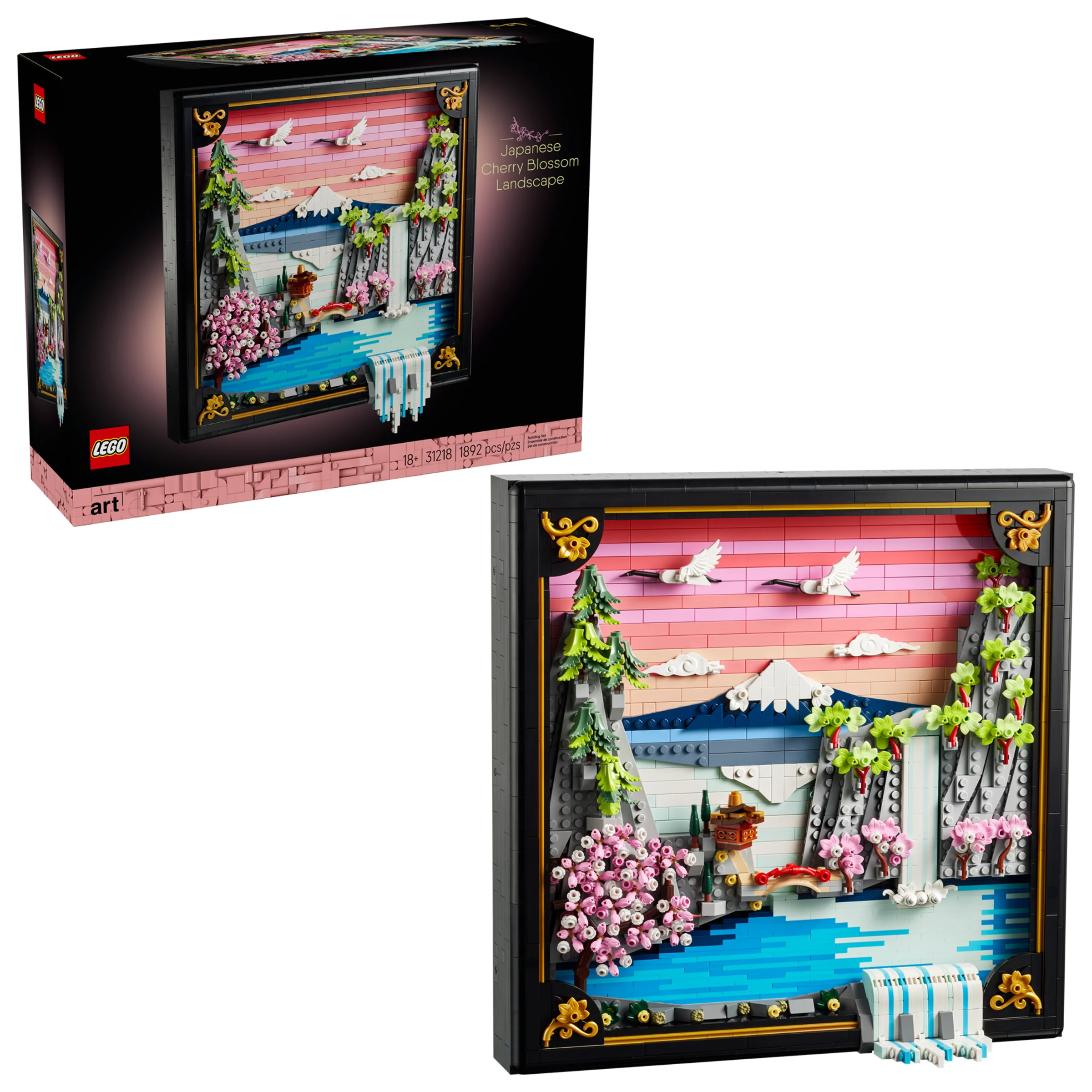 Imagine cu setul LEGO 31218: Peisaj Japonez cu Cireși înfloriți și cutia produsului. Decor detaliat.